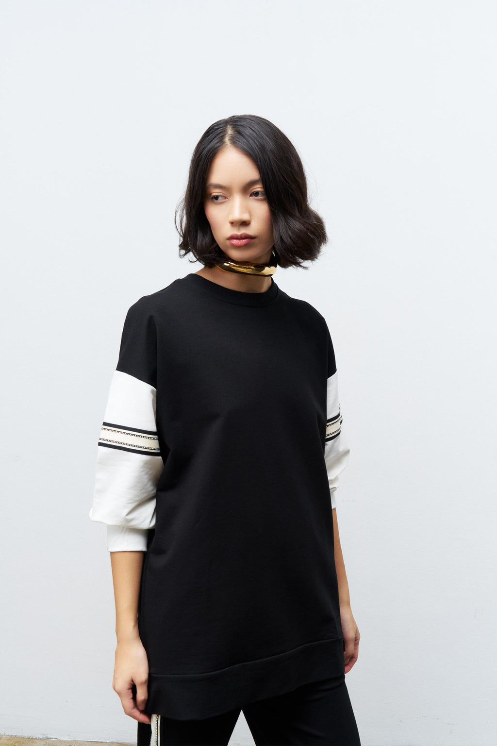 Siyah Kadın Bol Paça Bel Lastikli Şerit Detaylı  Pamuklu  Örme Alt Üst Takım