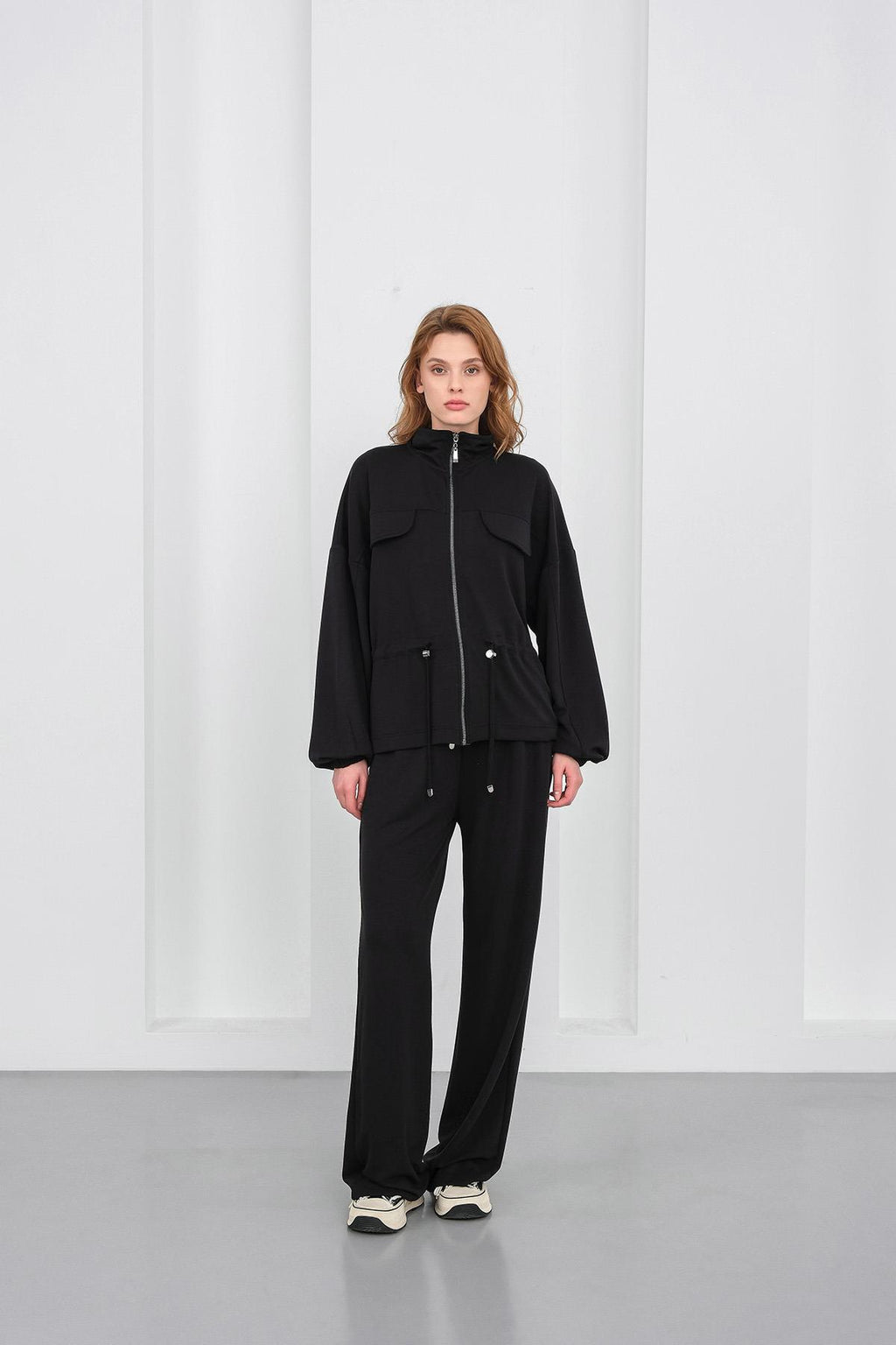 Siyah Kadın Boydan Fermuarlı Dik Yakalı Premium Modal Alt-Üst Takım