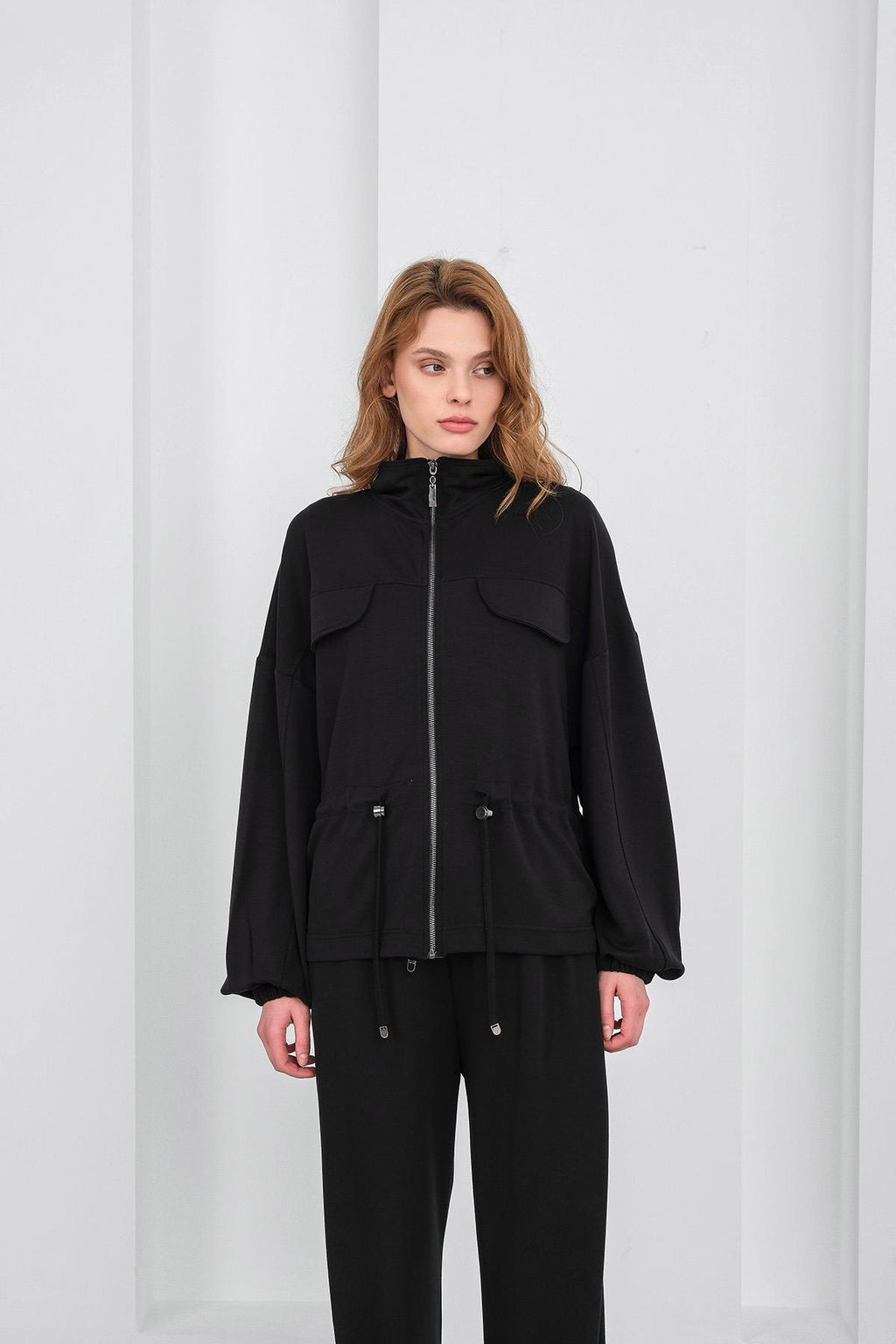 Siyah Kadın Boydan Fermuarlı Dik Yakalı Premium Modal Alt-Üst Takım