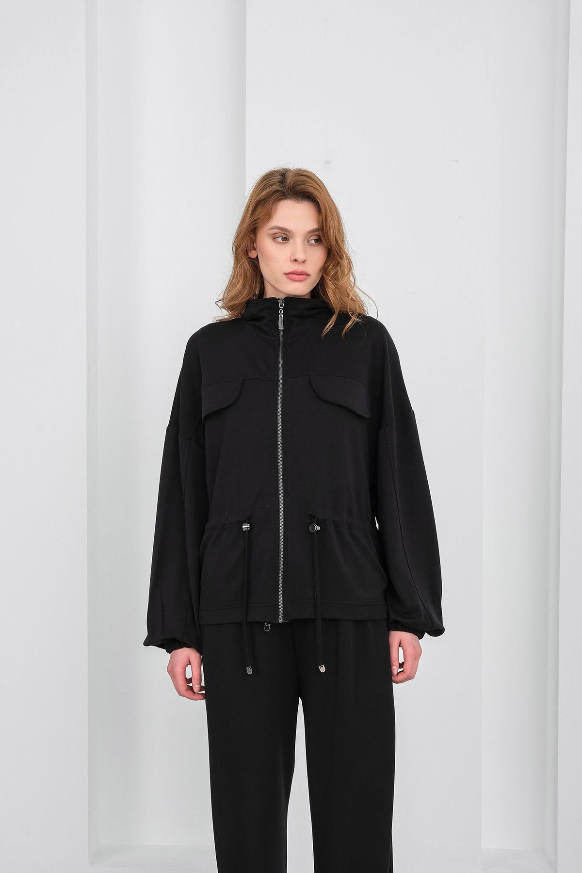 Siyah Kadın Boydan Fermuarlı Dik Yakalı Premium Modal Alt-Üst Takım