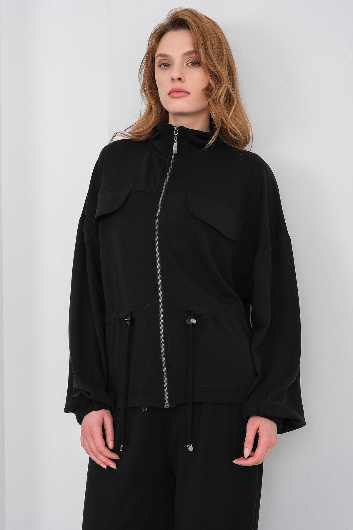 Siyah Kadın Boydan Fermuarlı Dik Yakalı Premium Modal Alt-Üst Takım