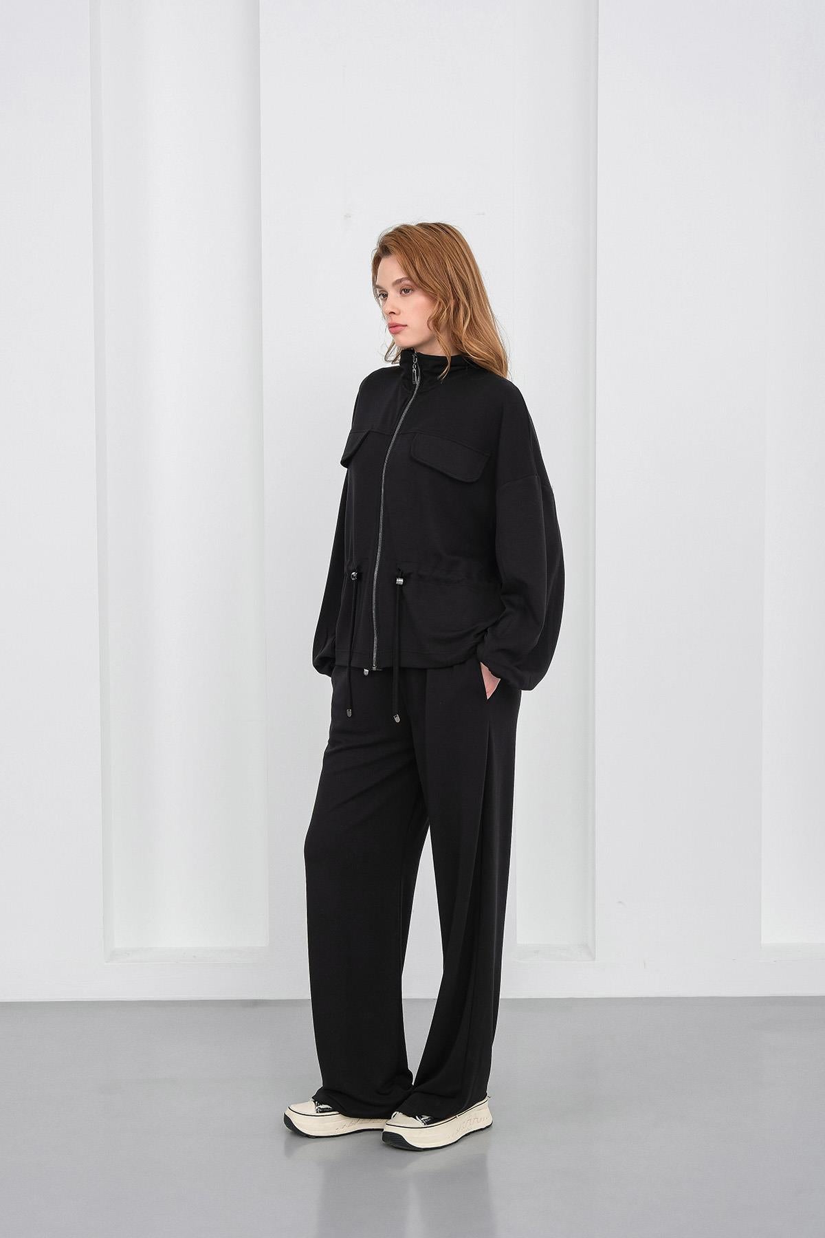 Siyah Kadın Boydan Fermuarlı Dik Yakalı Premium Modal Alt-Üst Takım