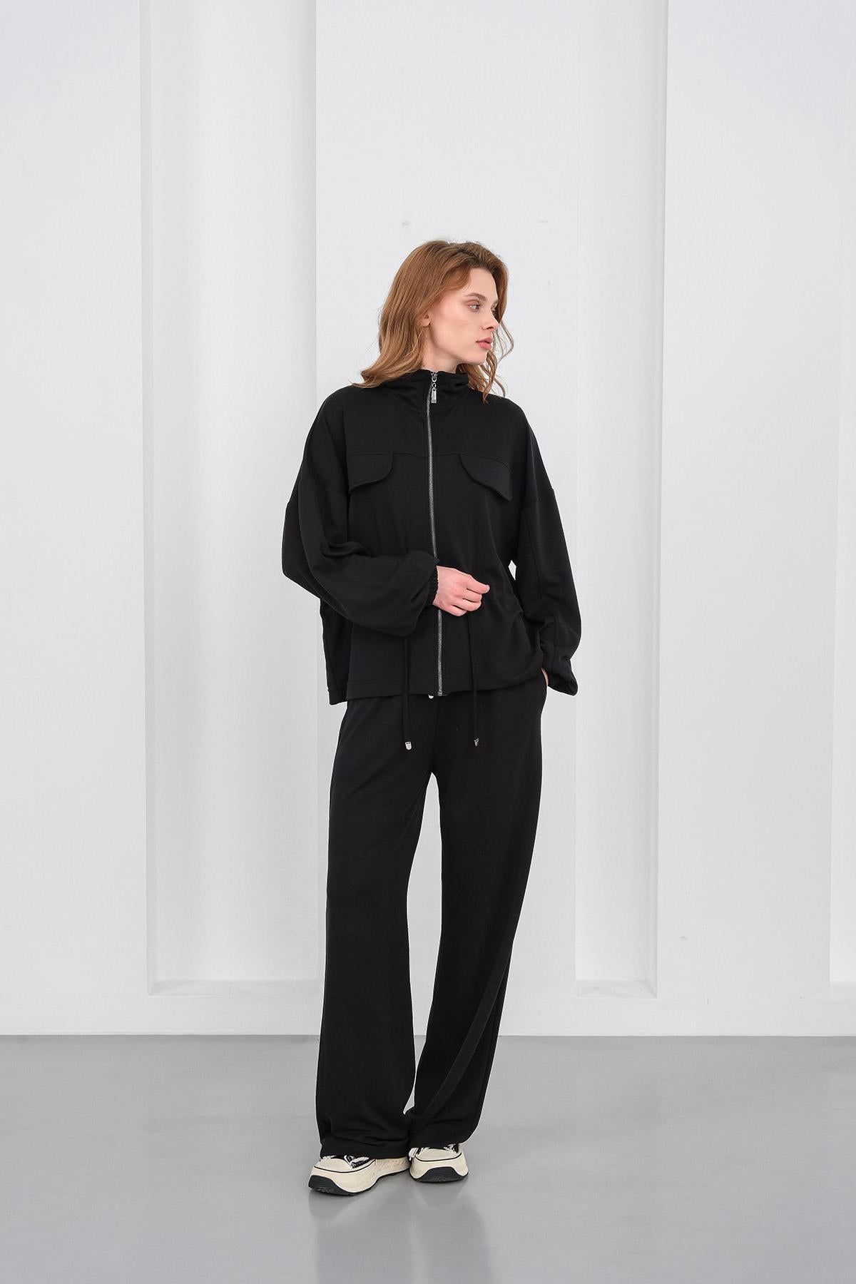 Siyah Kadın Boydan Fermuarlı Dik Yakalı Premium Modal Alt-Üst Takım