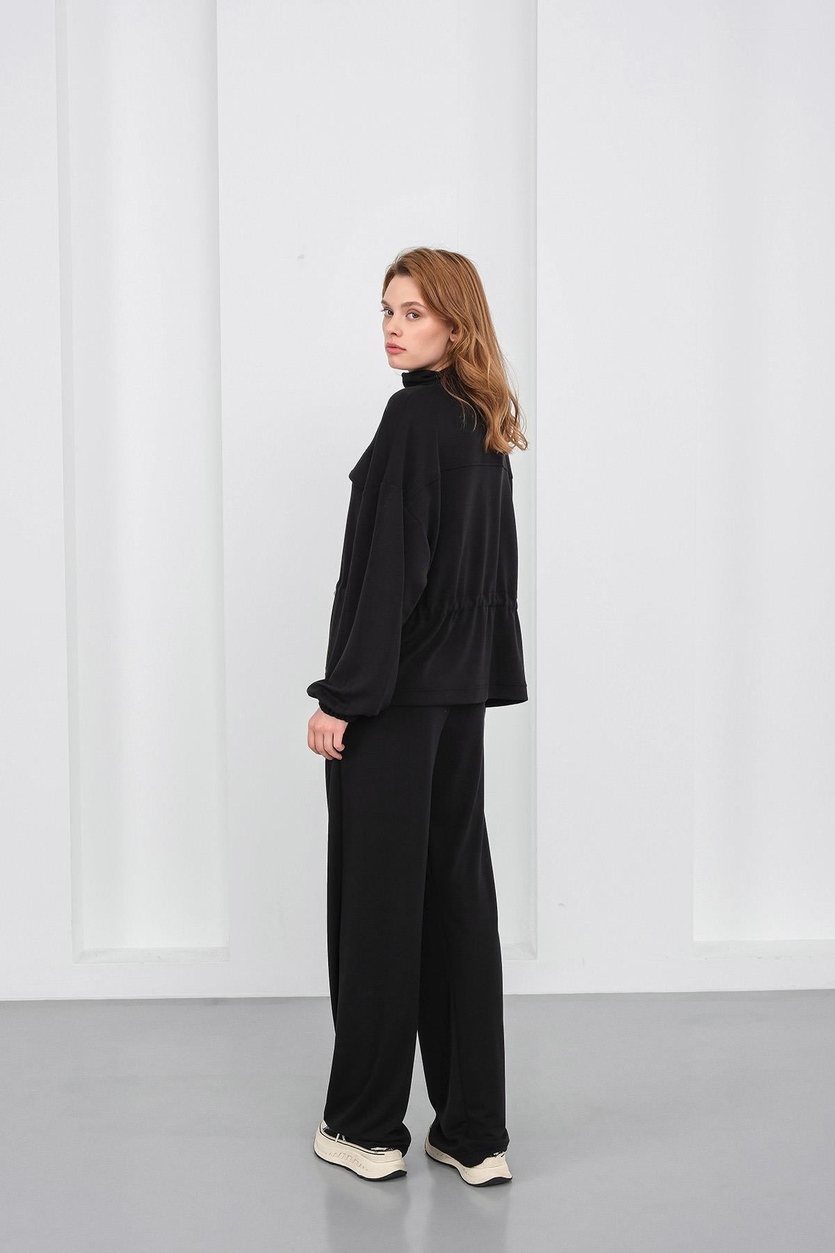 Siyah Kadın Boydan Fermuarlı Dik Yakalı Premium Modal Alt-Üst Takım