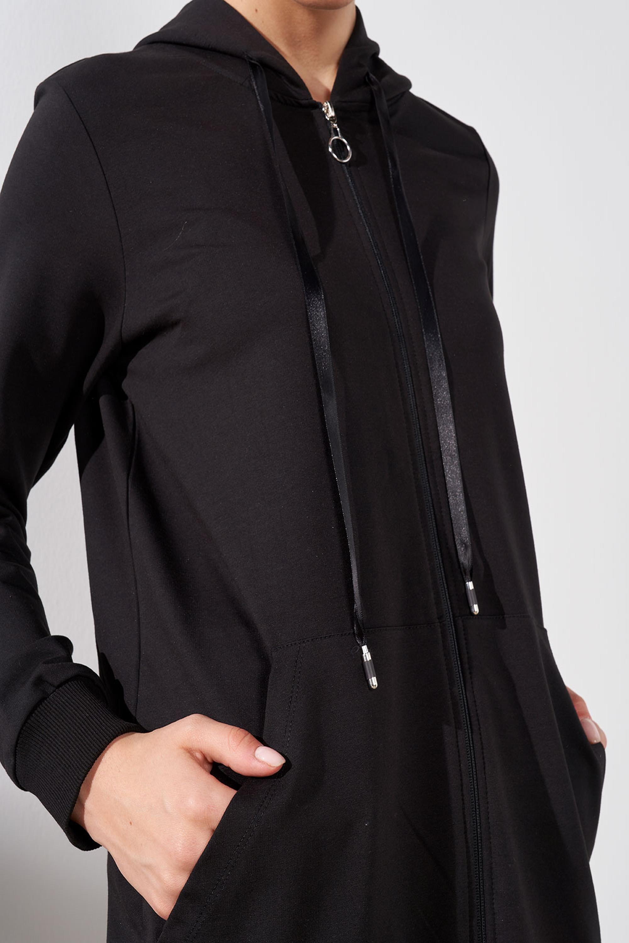 Siyah Kadın Cep Detaylı Fermuar Kapamalı Kapüşonlu Alt Üst Pamuklu Örme Takım