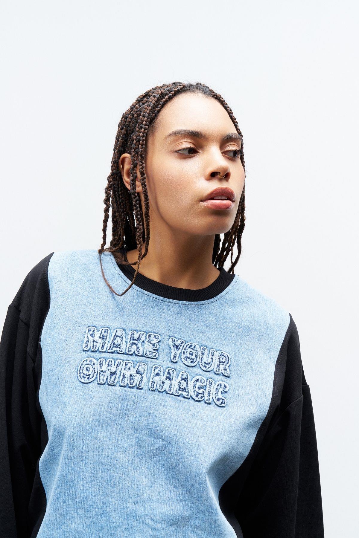 Siyah Kadın Denim Üzeri Nakış İşlemeli Bisiklet Yaka Sweatshirt  Dar Paça Pantolon Pamuklu Örme Alt Üst Takım