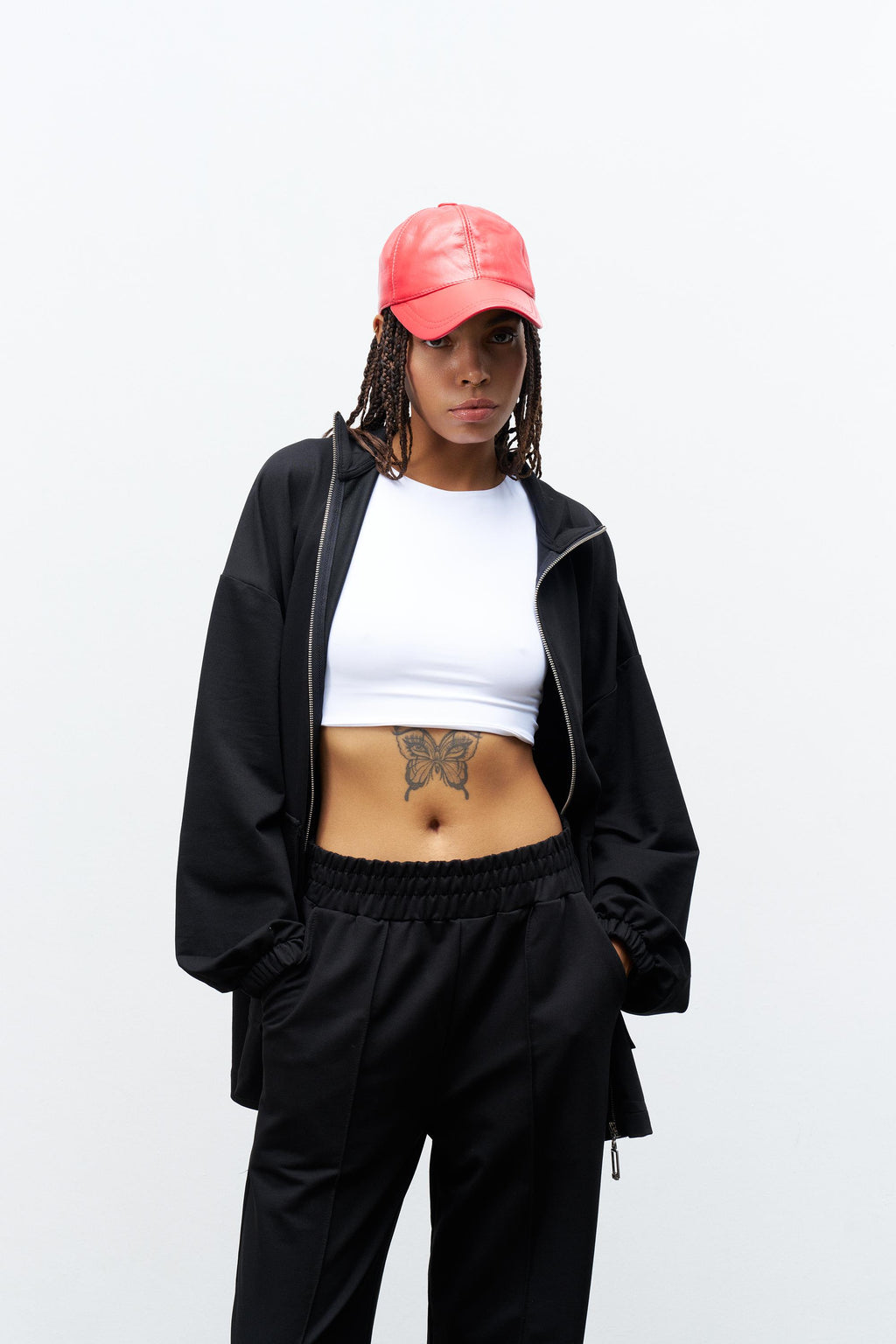 Siyah Kadın Dik Yaka Fermuarlı Kapaklı Cep Detaylı Bol Paça Pamuklu Örme Alt Üst Takım