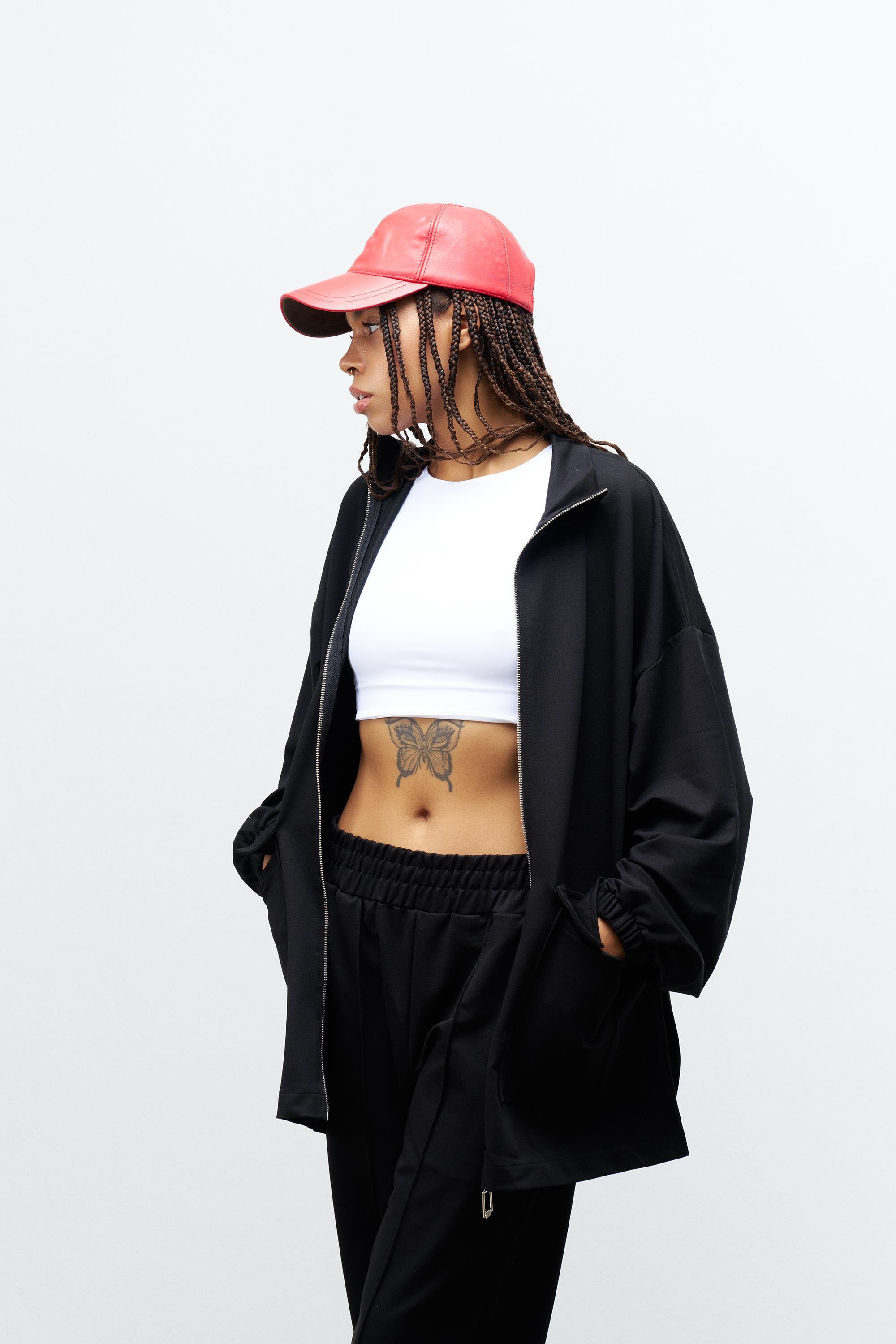 Siyah Kadın Dik Yaka Fermuarlı Kapaklı Cep Detaylı Bol Paça Pamuklu Örme Alt Üst Takım