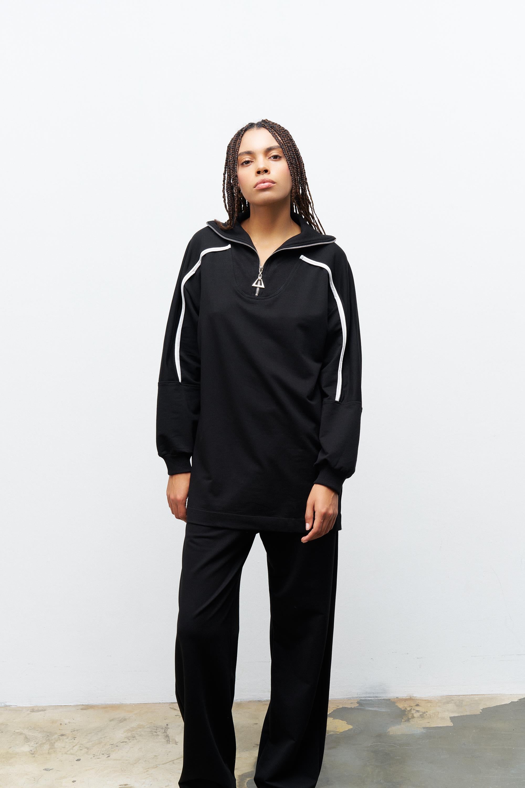 Siyah Kadın Dik Yaka Yarım Fermuarlı Bol Paça Pamuklu Örme Alt Üst Takım