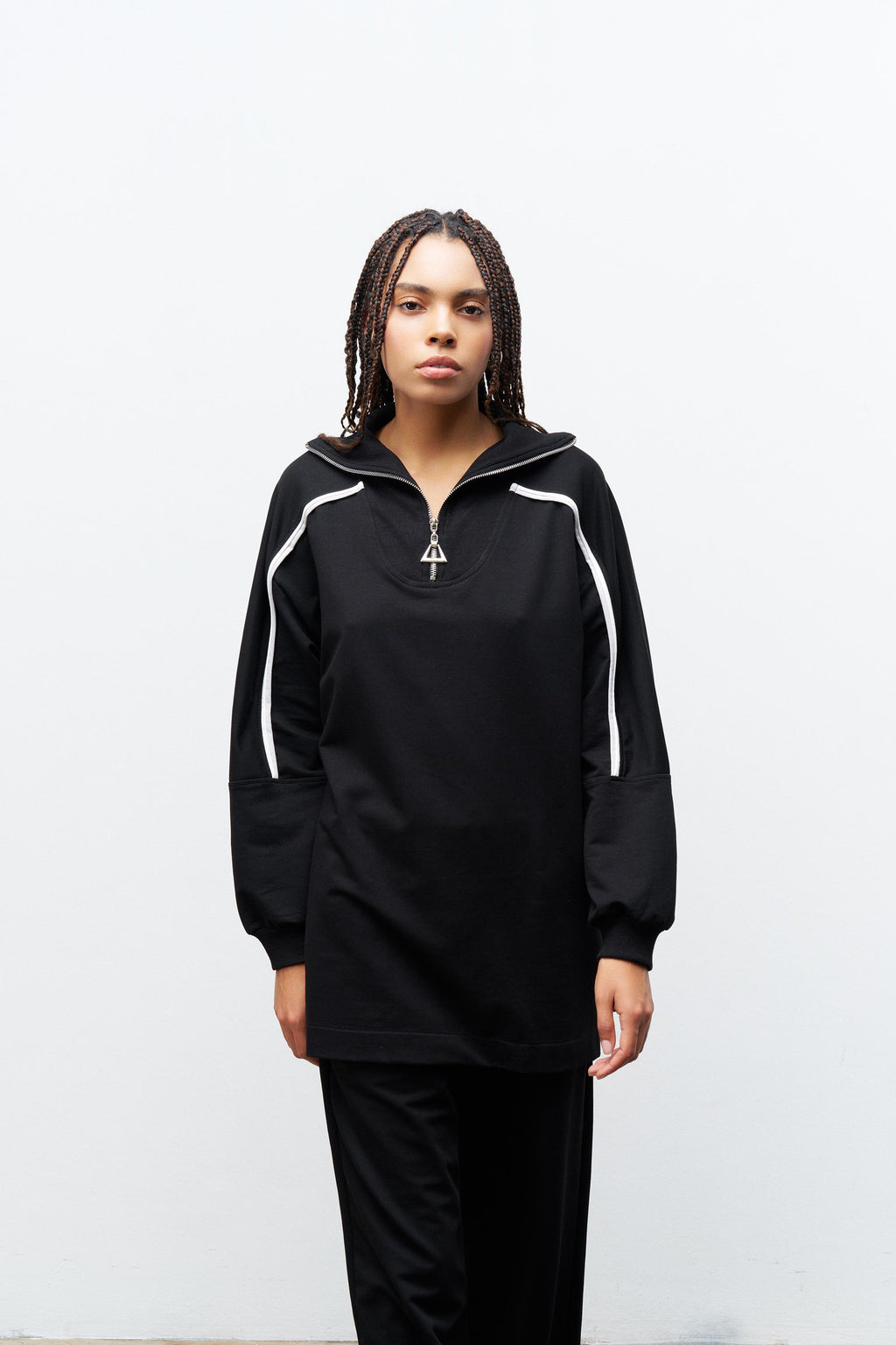 Siyah Kadın Dik Yaka Yarım Fermuarlı Bol Paça Pamuklu Örme Alt Üst Takım