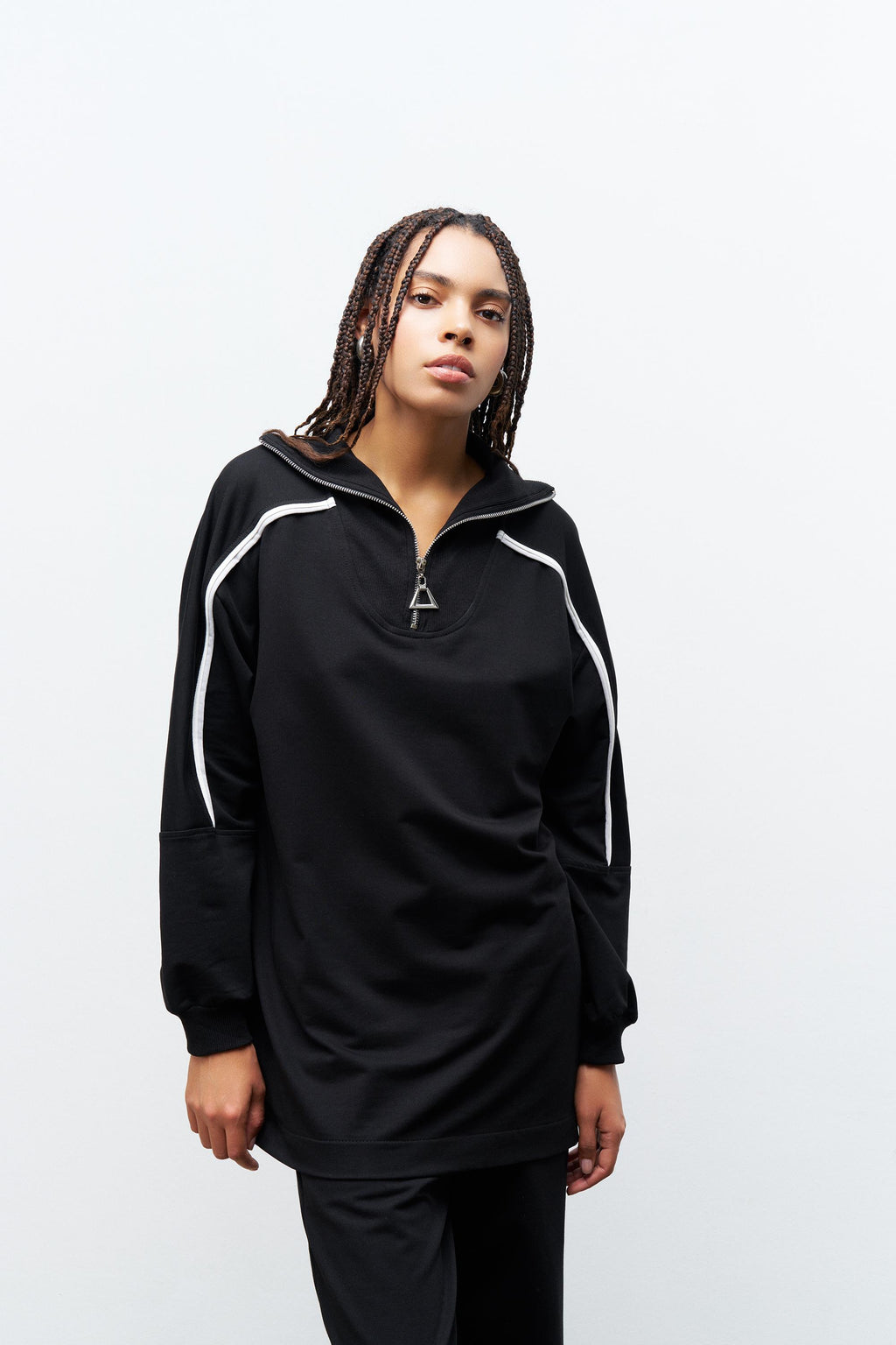 Siyah Kadın Dik Yaka Yarım Fermuarlı Bol Paça Pamuklu Örme Alt Üst Takım