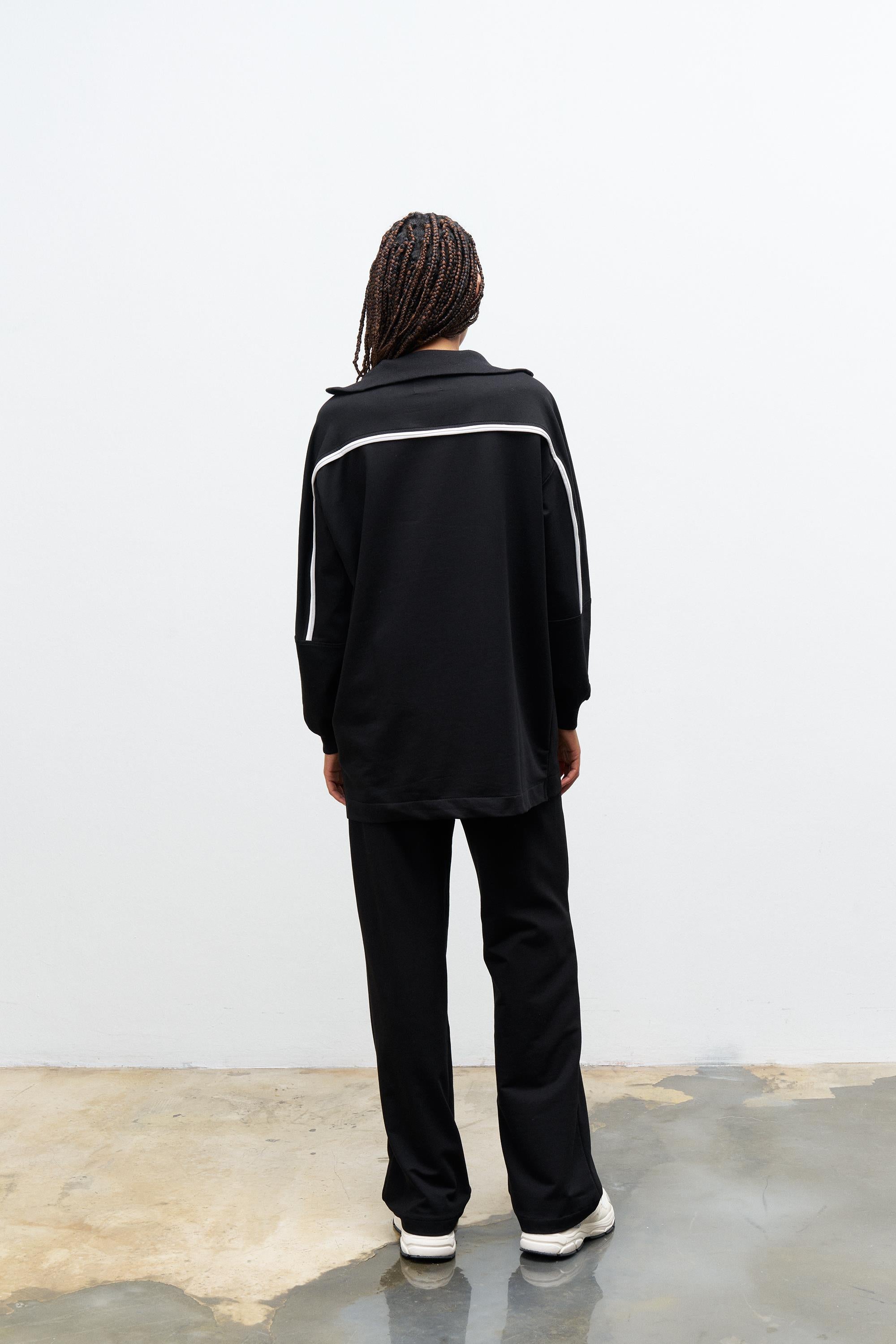 Siyah Kadın Dik Yaka Yarım Fermuarlı Bol Paça Pamuklu Örme Alt Üst Takım