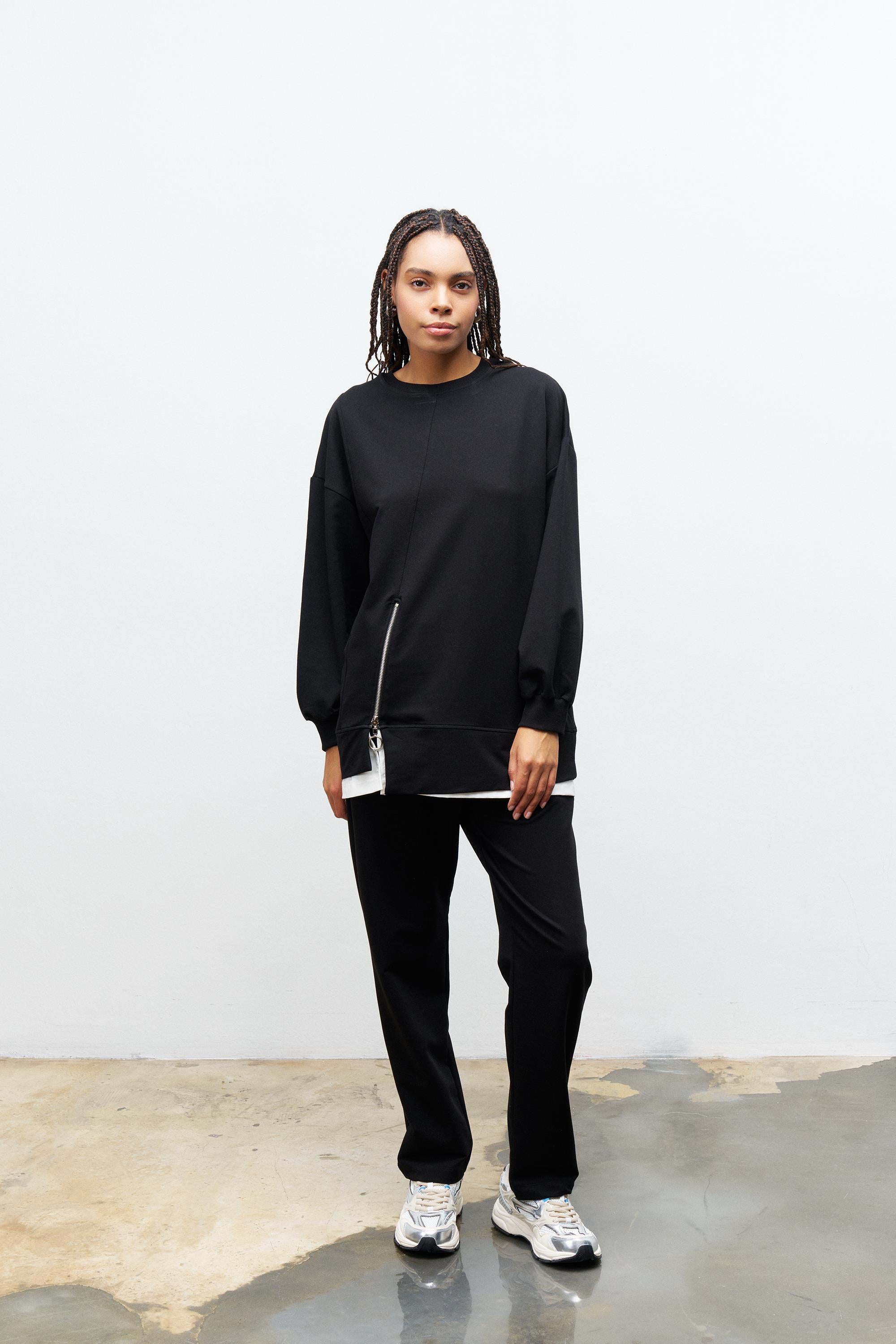 Siyah Kadın Eteği Süprem Fermuar Detaylı Bel Lastikli Pamuklu Örme Alt Üst Takım