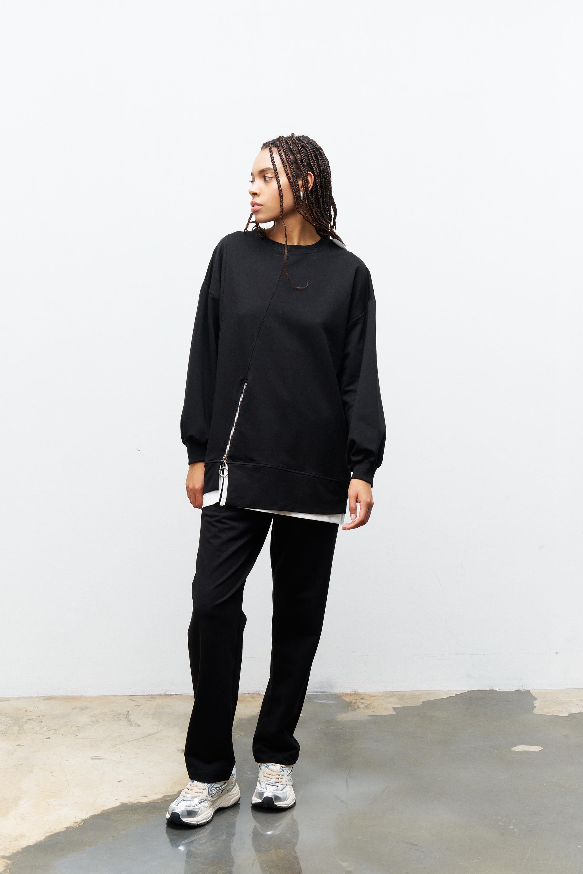 Siyah Kadın Eteği Süprem Fermuar Detaylı Bel Lastikli Pamuklu Örme Alt Üst Takım