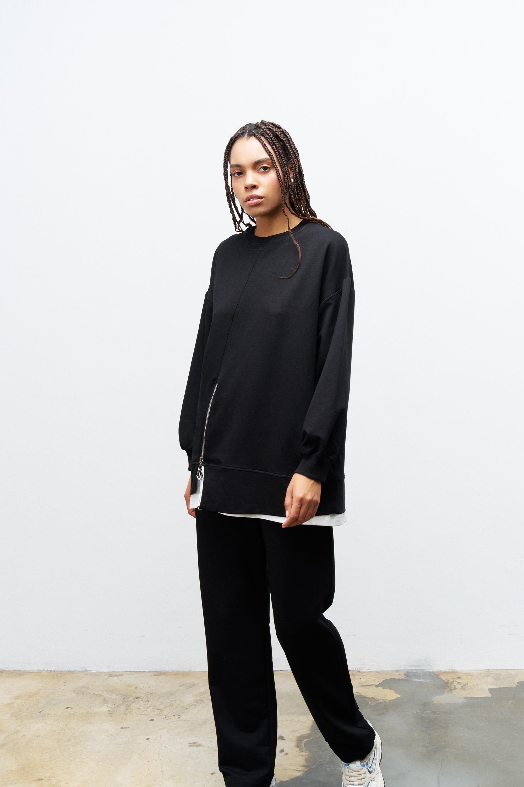 Siyah Kadın Eteği Süprem Fermuar Detaylı Bel Lastikli Pamuklu Örme Alt Üst Takım