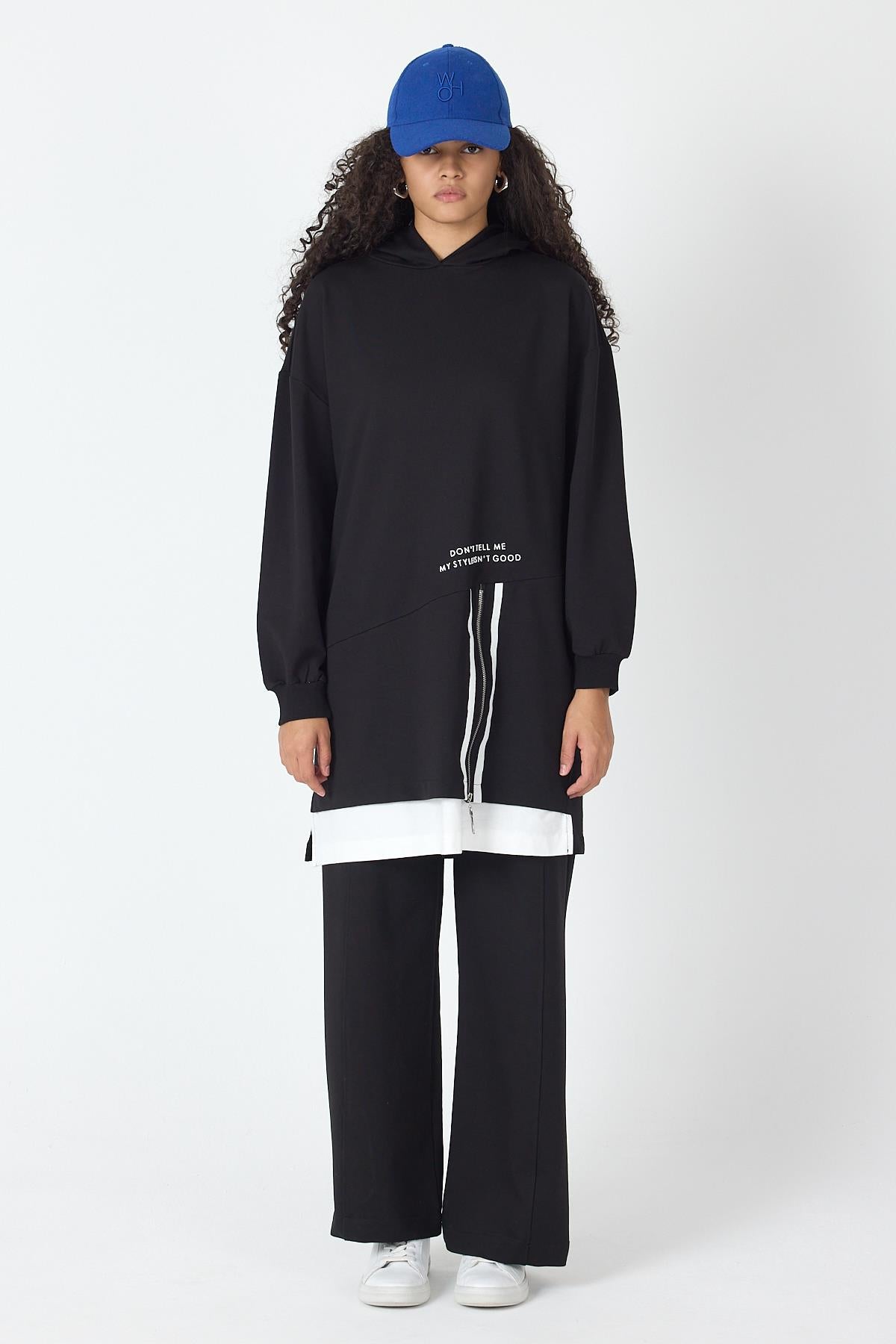 Siyah Kadın Etek Süpremli Baskı Detaylı Fermuar Kapamalı Kapüşonlu Pamuklu Örme Alt Üst Takım