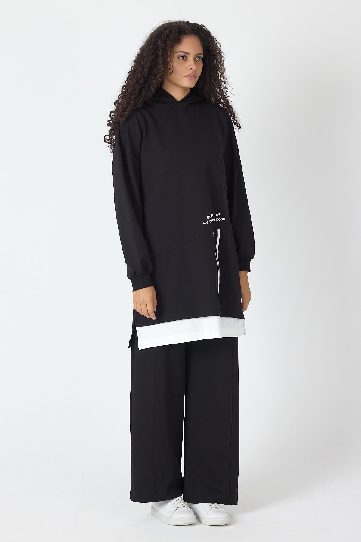 Siyah Kadın Etek Süpremli Baskı Detaylı Fermuar Kapamalı Kapüşonlu Pamuklu Örme Alt Üst Takım