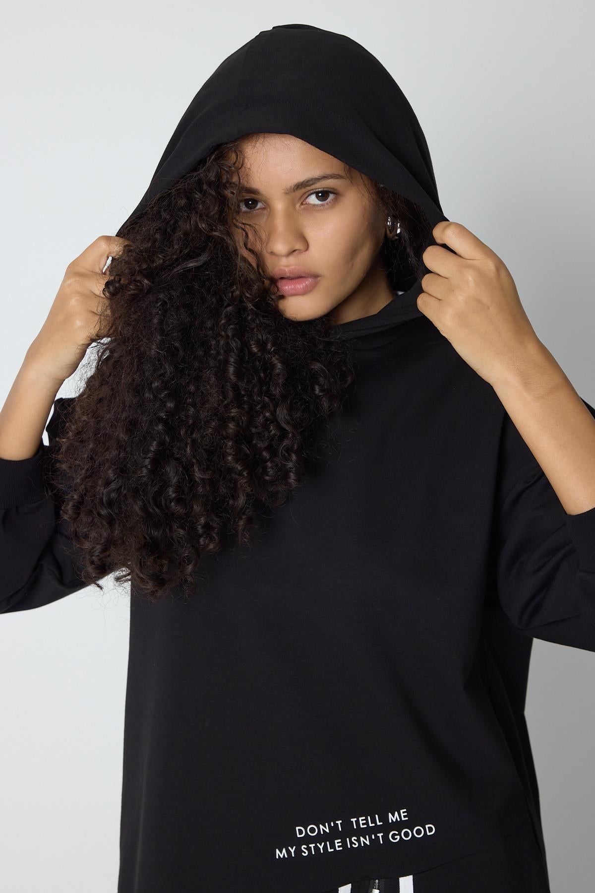 Siyah Kadın Etek Süpremli Baskı Detaylı Fermuar Kapamalı Kapüşonlu Pamuklu Örme Alt Üst Takım