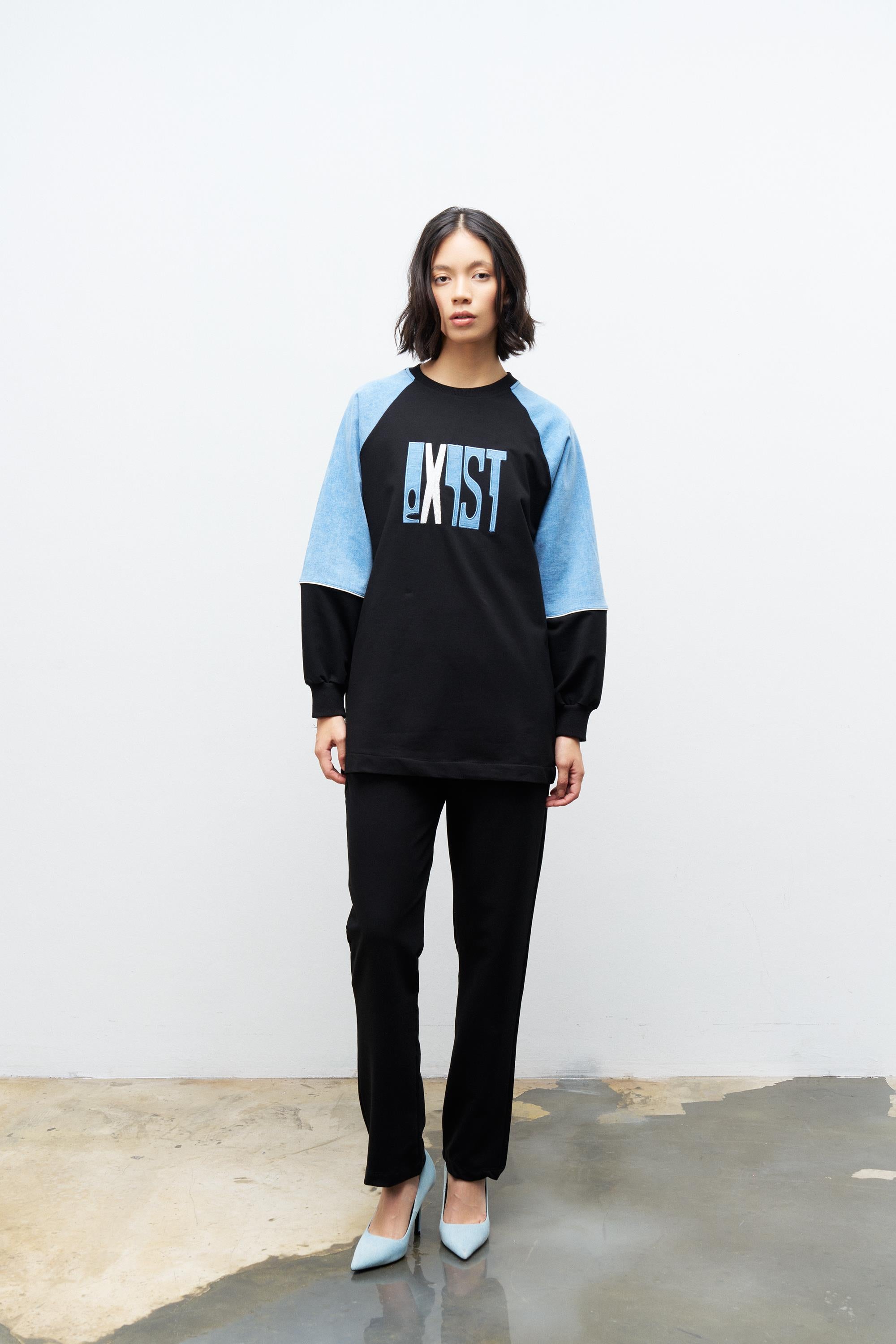 Siyah Kadın Exist Nakış Üzeri Taşlı  Kol Denim Detaylı Dar Paça Pamuklu Örme Alt Üst Takım