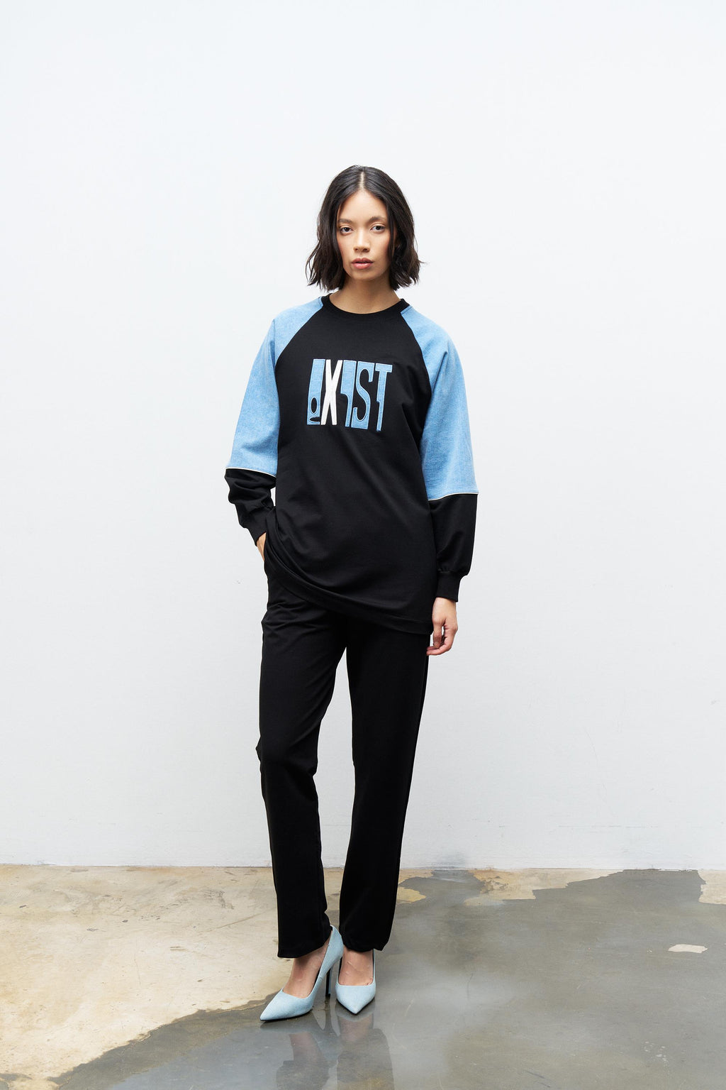 Siyah Kadın Exist Nakış Üzeri Taşlı  Kol Denim Detaylı Dar Paça Pamuklu Örme Alt Üst Takım