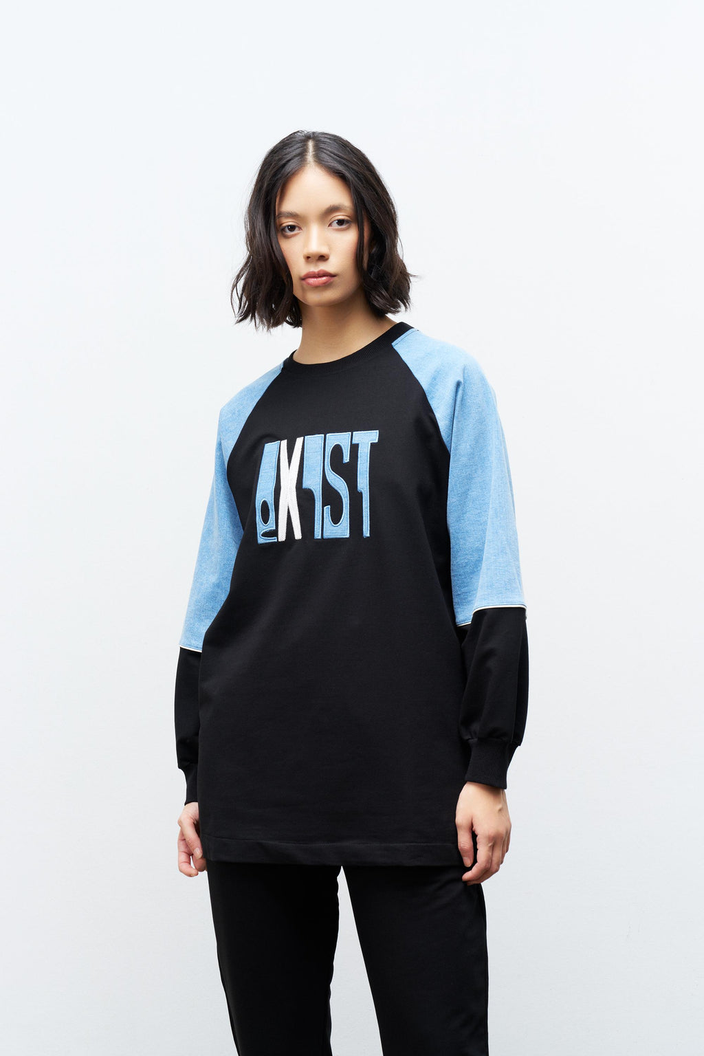 Siyah Kadın Exist Nakış Üzeri Taşlı  Kol Denim Detaylı Dar Paça Pamuklu Örme Alt Üst Takım