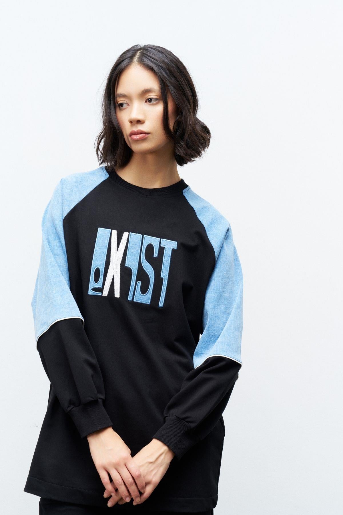 Siyah Kadın Exist Nakış Üzeri Taşlı  Kol Denim Detaylı Dar Paça Pamuklu Örme Alt Üst Takım