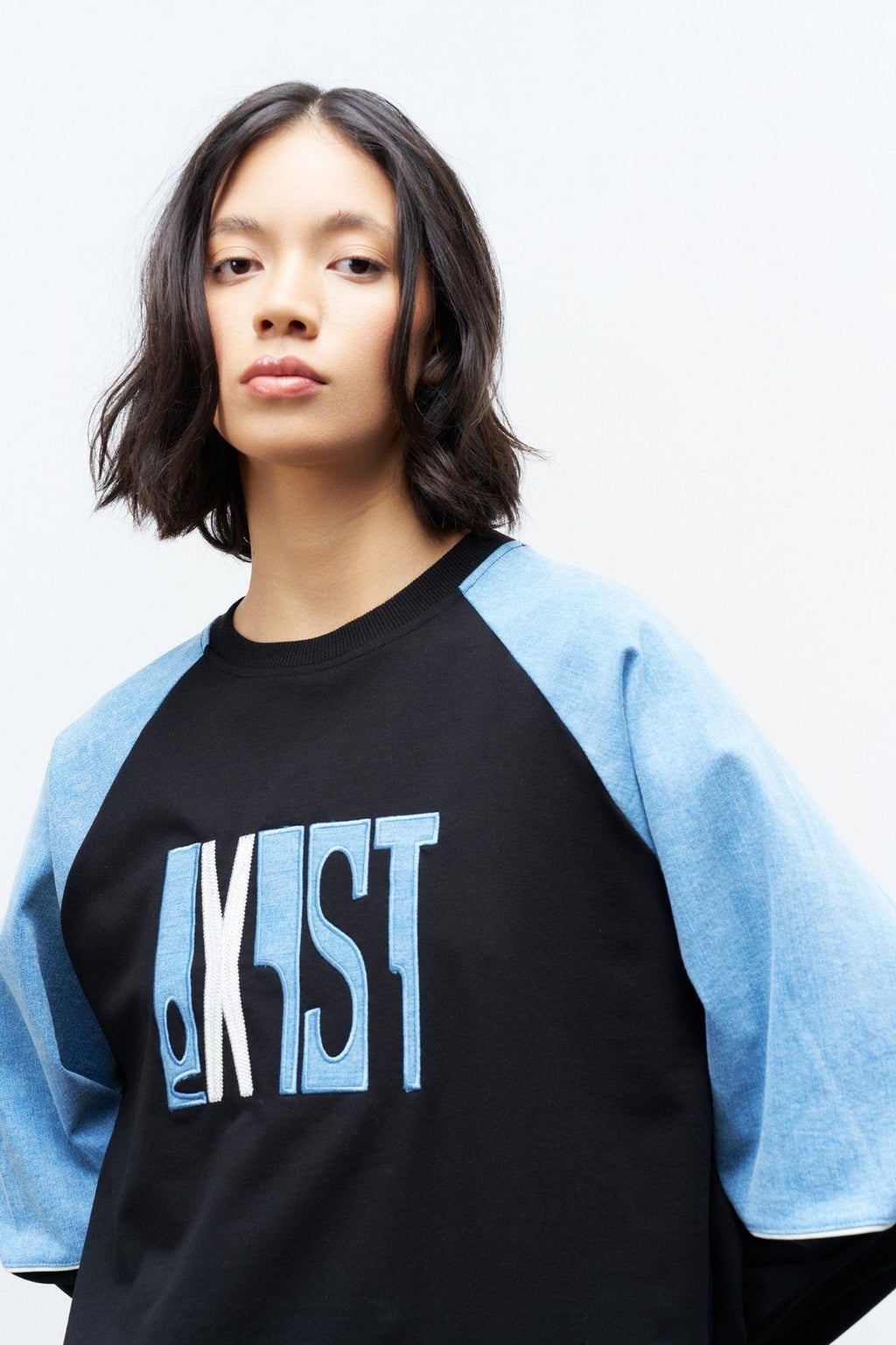 Siyah Kadın Exist Nakış Üzeri Taşlı  Kol Denim Detaylı Dar Paça Pamuklu Örme Alt Üst Takım