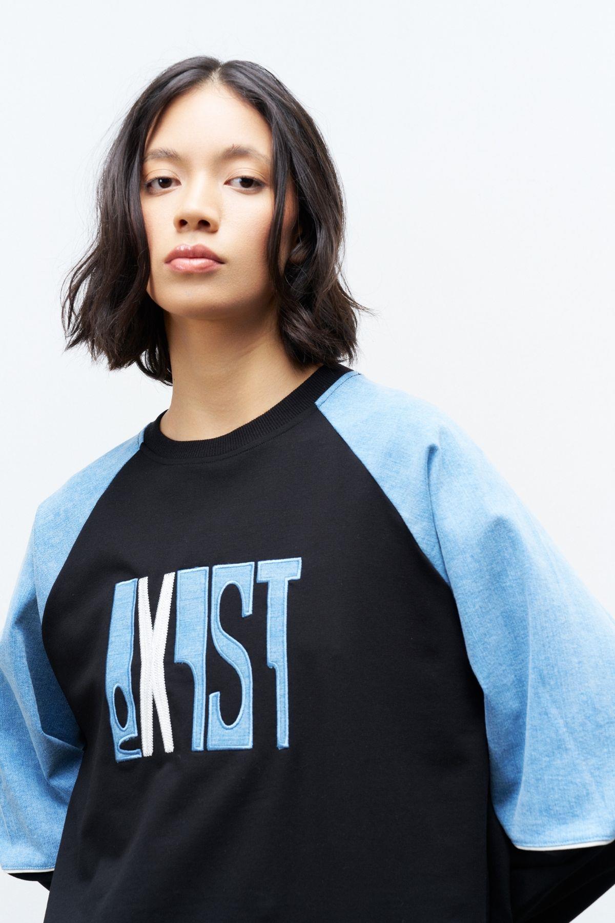 Siyah Kadın Exist Nakış Üzeri Taşlı  Kol Denim Detaylı Dar Paça Pamuklu Örme Alt Üst Takım