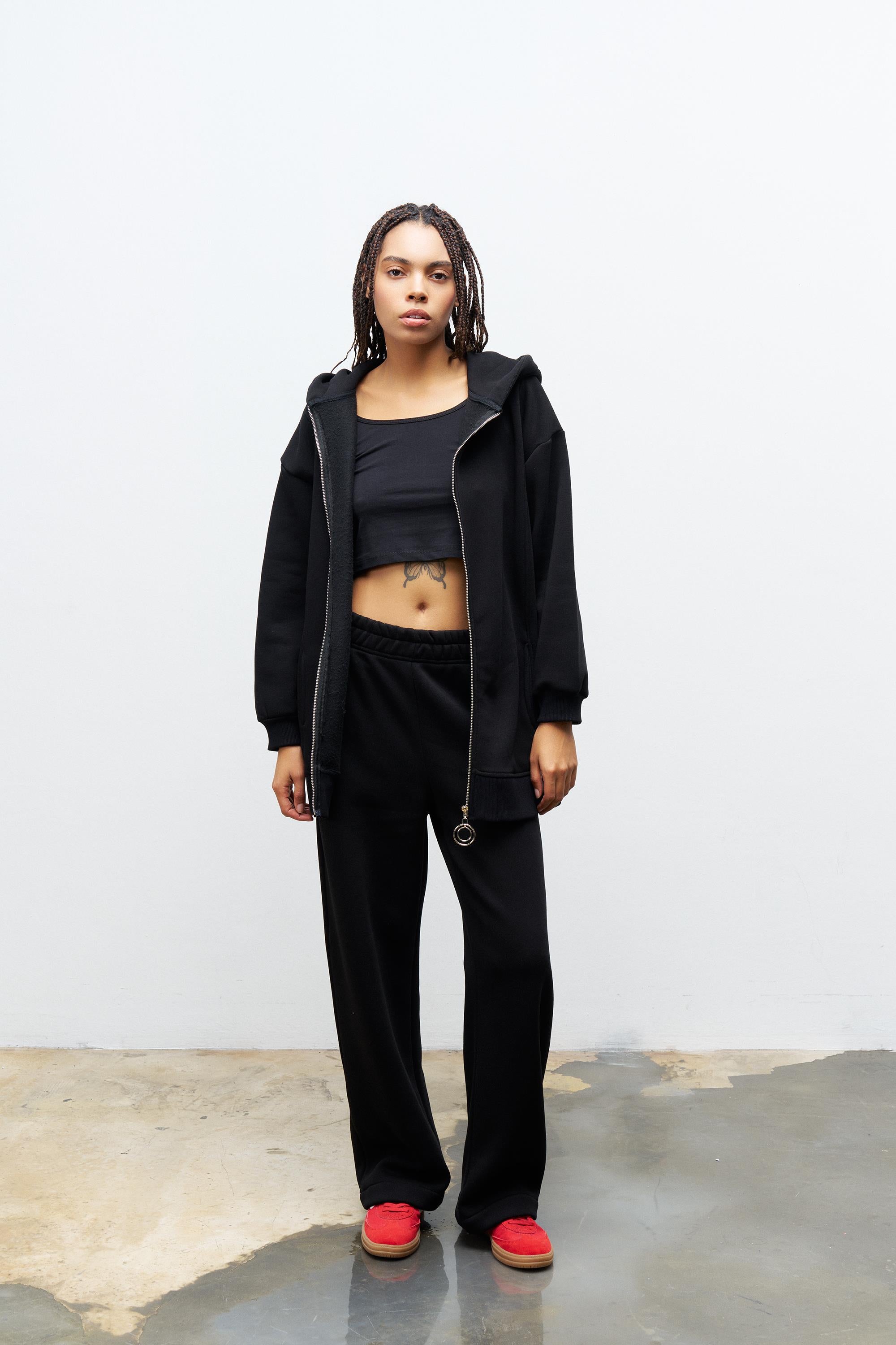 Siyah Kadın Fermuar Detaylu Atlet-Alt-Üst 3'lü İçi Polarlı Şardonlu Takım