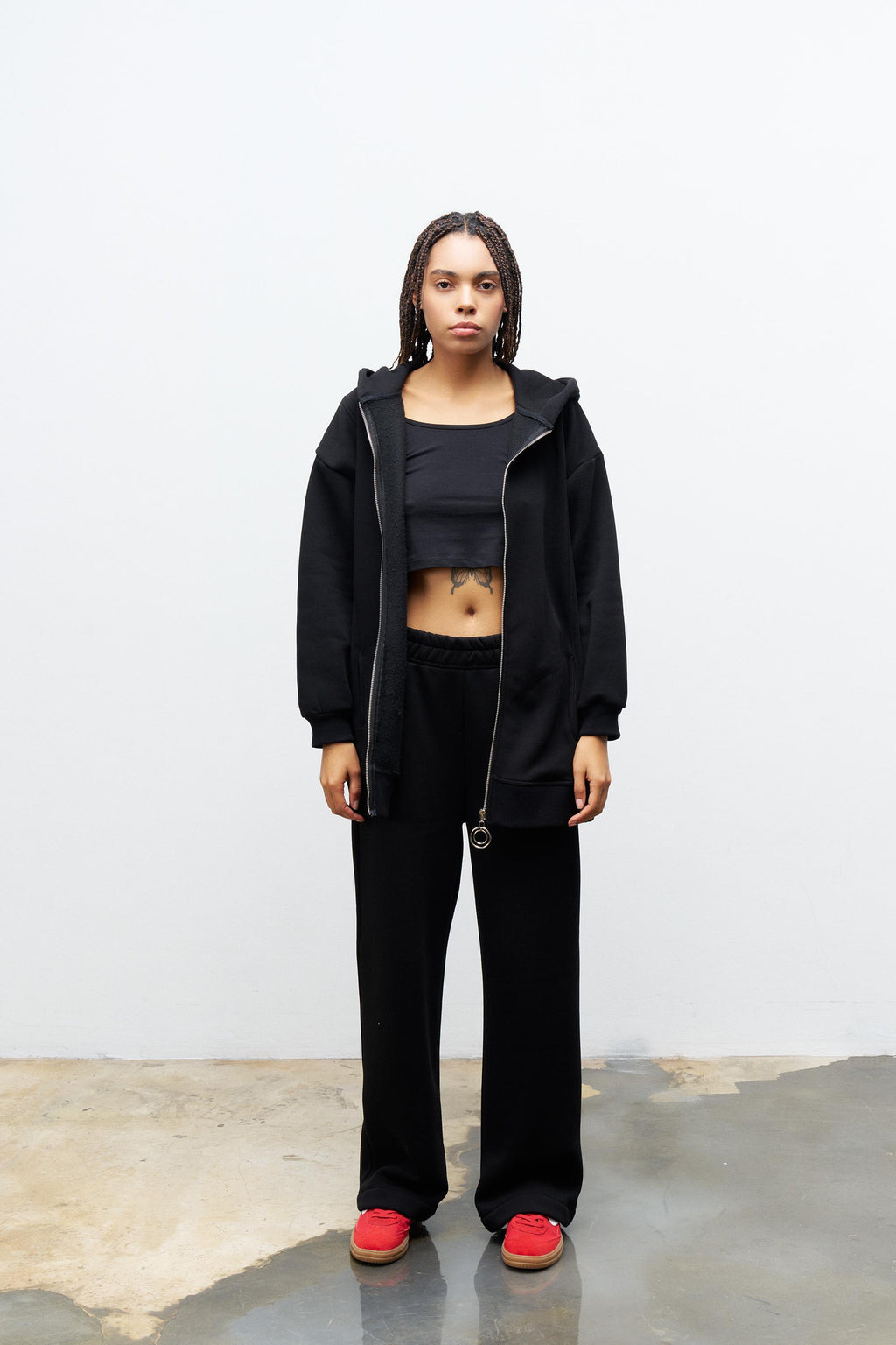 Siyah Kadın Fermuar Detaylu Atlet-Alt-Üst 3'lü İçi Polarlı Şardonlu Takım