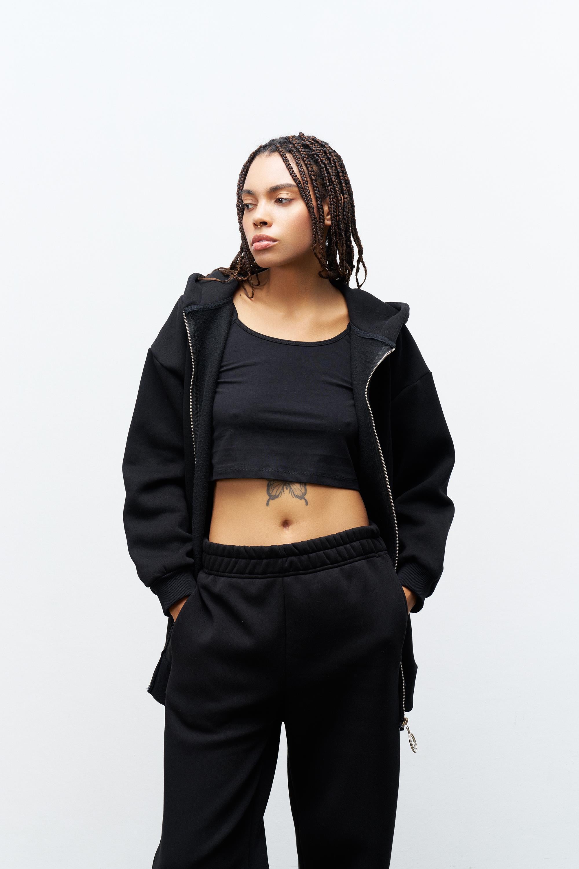 Siyah Kadın Fermuar Detaylu Atlet-Alt-Üst 3'lü İçi Polarlı Şardonlu Takım