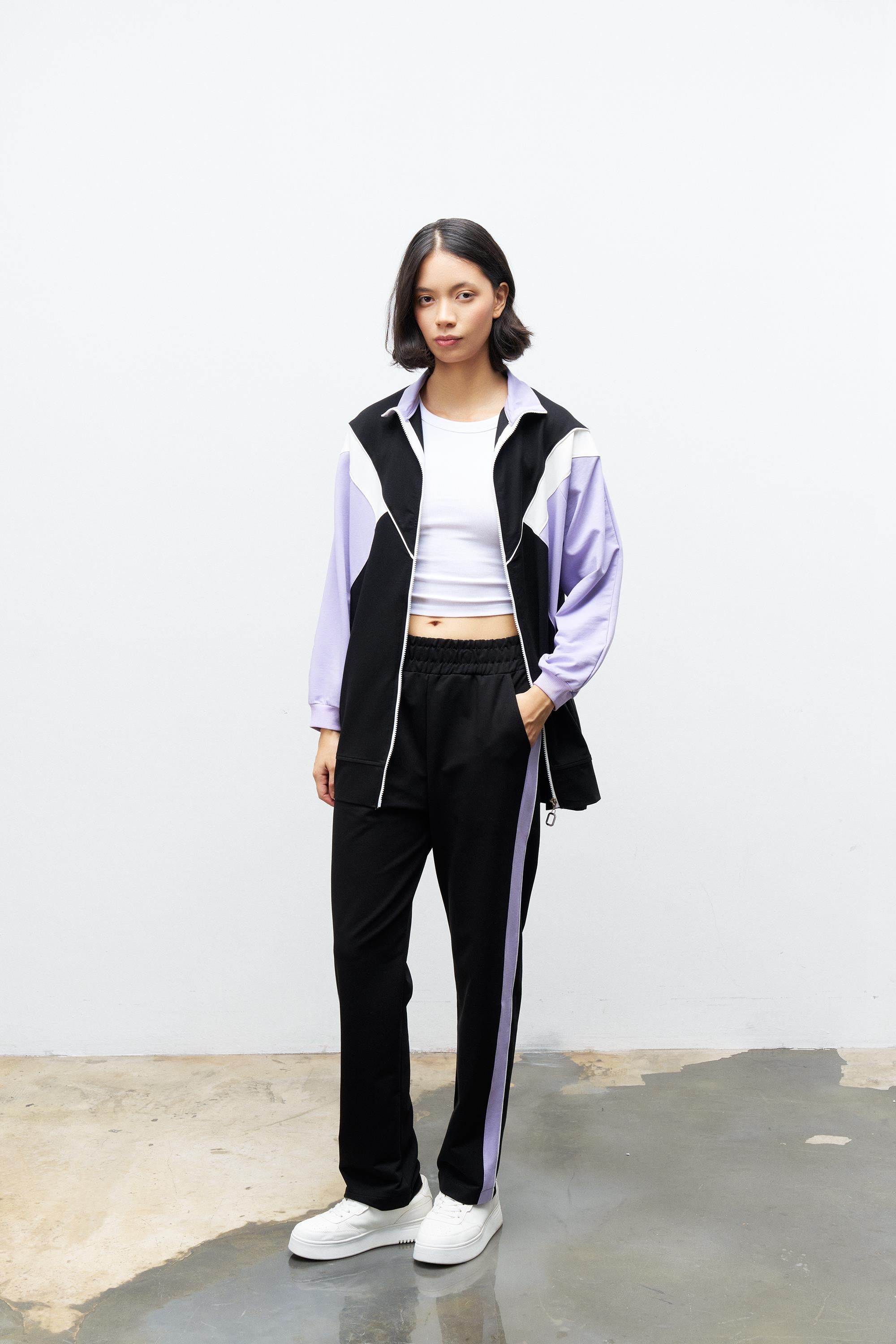 Siyah Kadın Fermuar Kapamalı  Bisiklet Yaka Renk Garnili Üst Ve Lastikli Pantolon Örme Alt Üst Takım