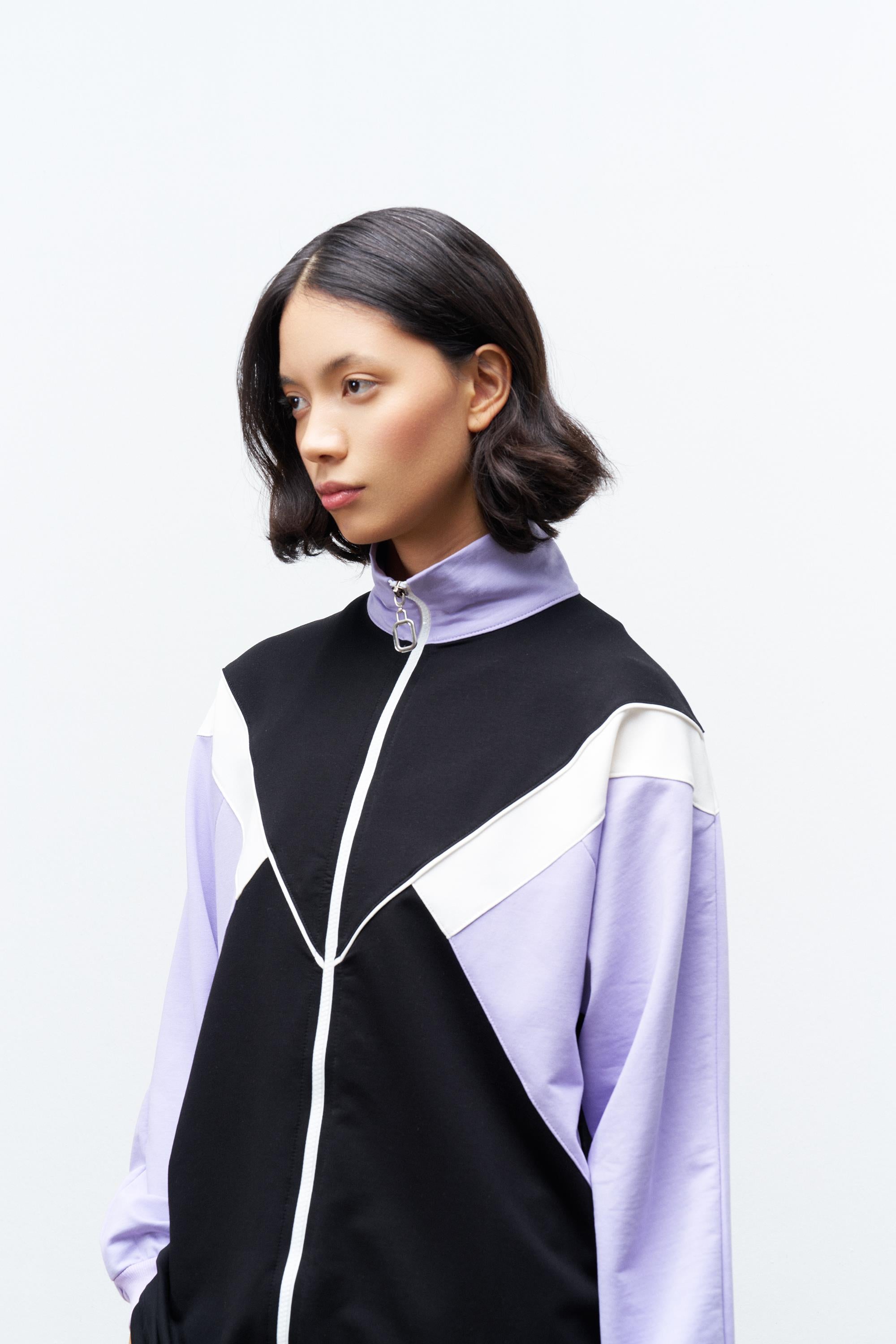 Siyah Kadın Fermuar Kapamalı  Bisiklet Yaka Renk Garnili Üst Ve Lastikli Pantolon Örme Alt Üst Takım