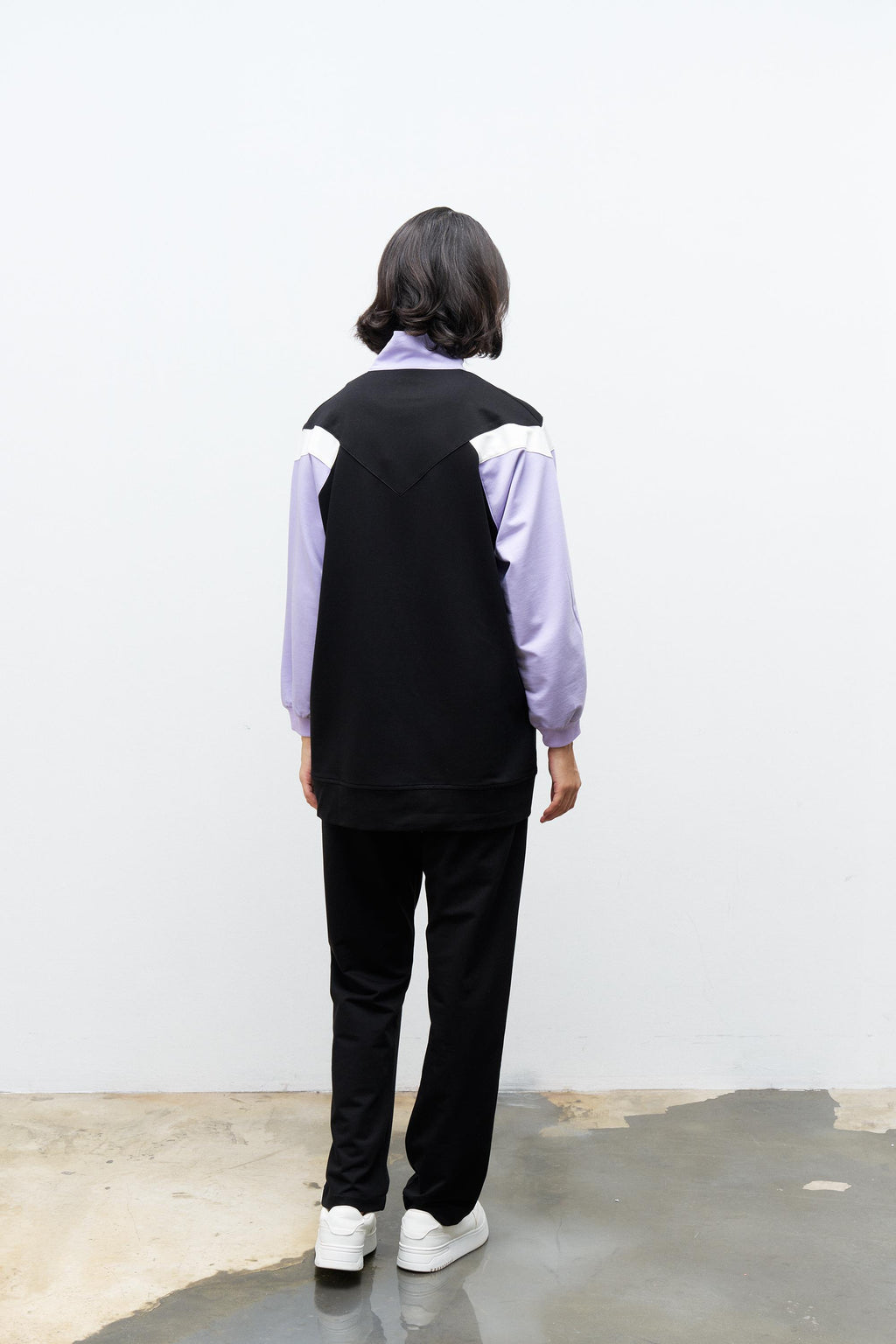 Siyah Kadın Fermuar Kapamalı  Bisiklet Yaka Renk Garnili Üst Ve Lastikli Pantolon Örme Alt Üst Takım