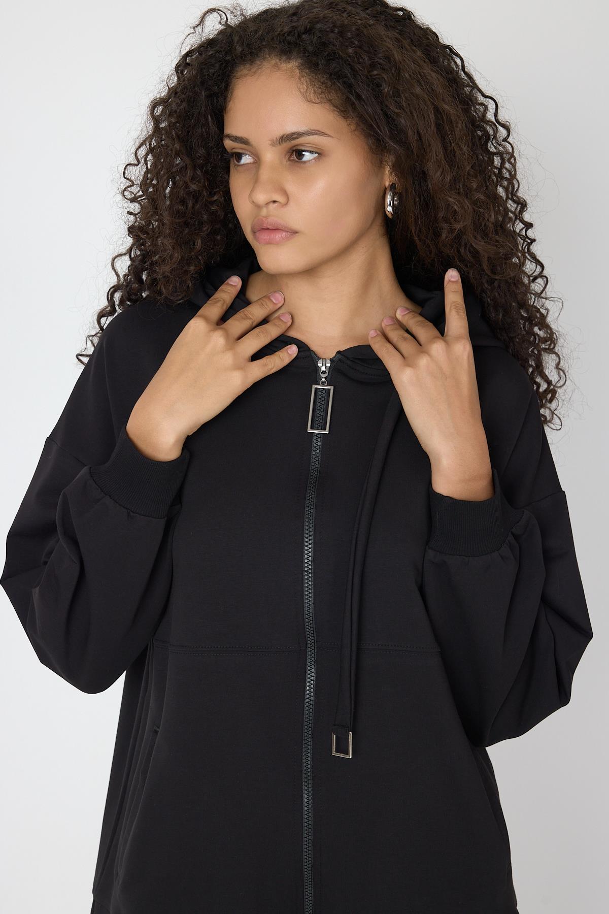 Siyah Kadın Fermuar Kapamalı Kapüşonlu Sweatshirt Ve  Bol Paça Pantolon Pamuklu Örme Alt Üst Takım