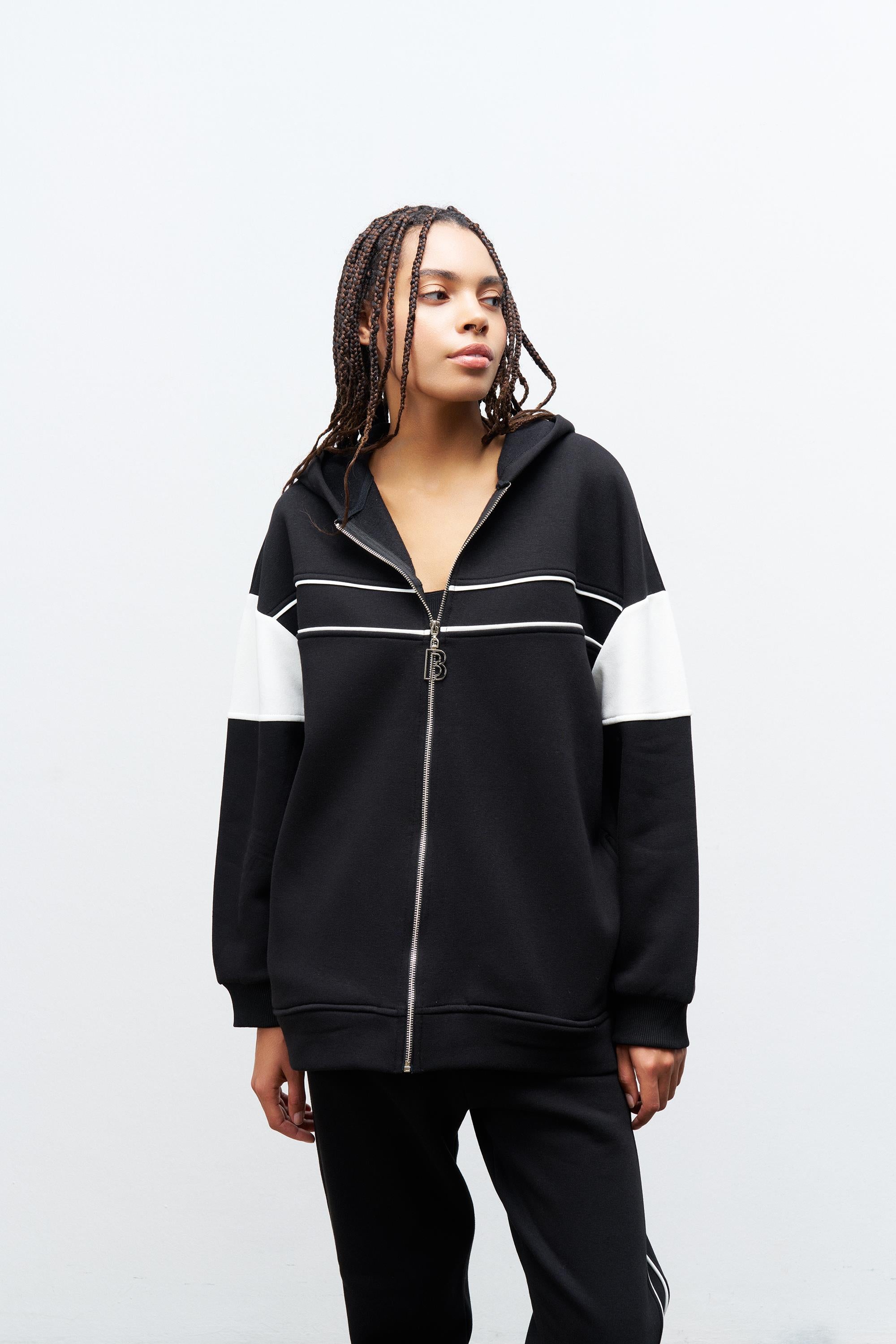 Siyah Kadın Fermuarlı Çizgi Biye Detaylı Kapüşonlu İçi Polarlı Alt Üst Takım