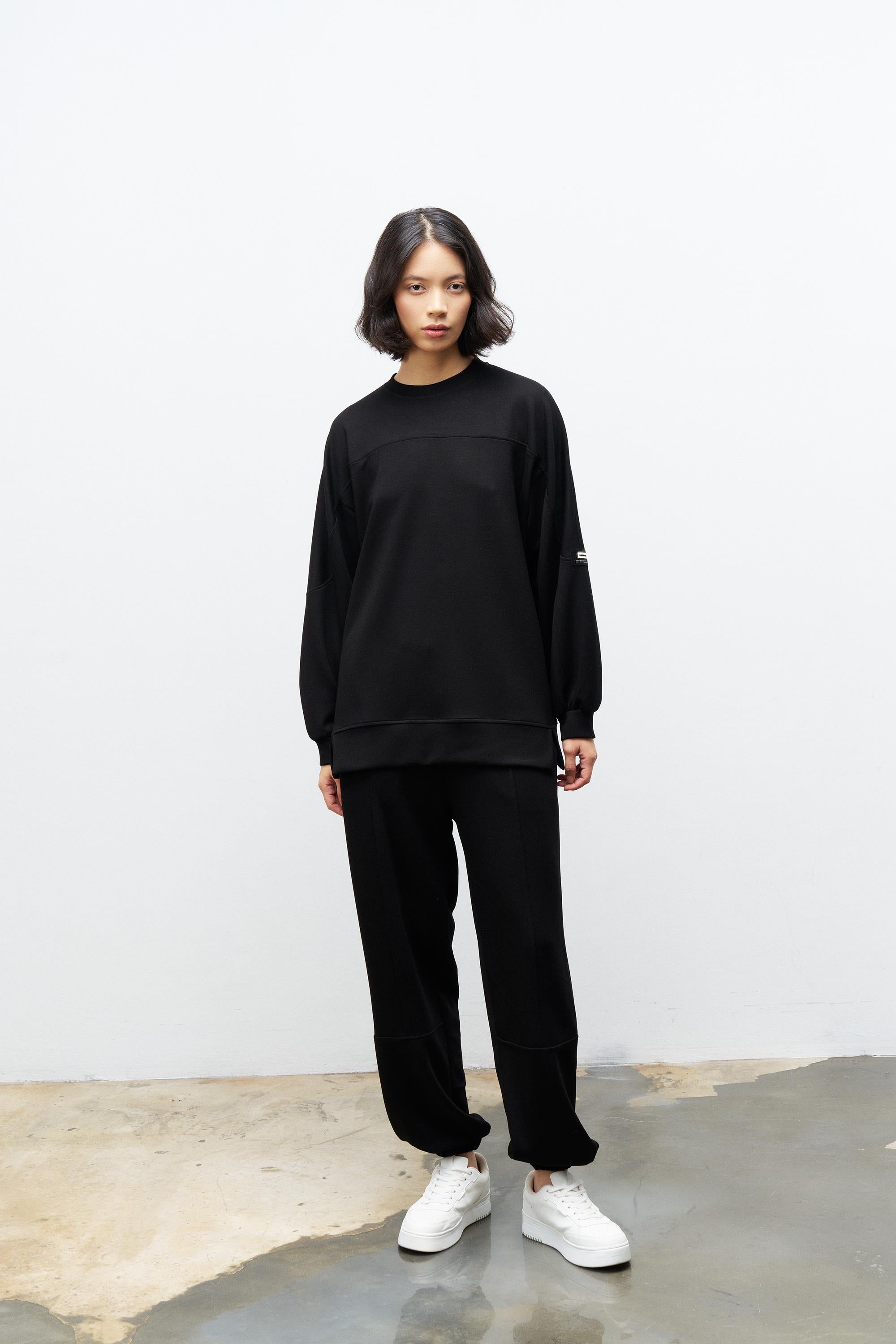 Siyah Kadın Premium Modal Süs Etiket Detaylı Jogger Alt-Üst Takım