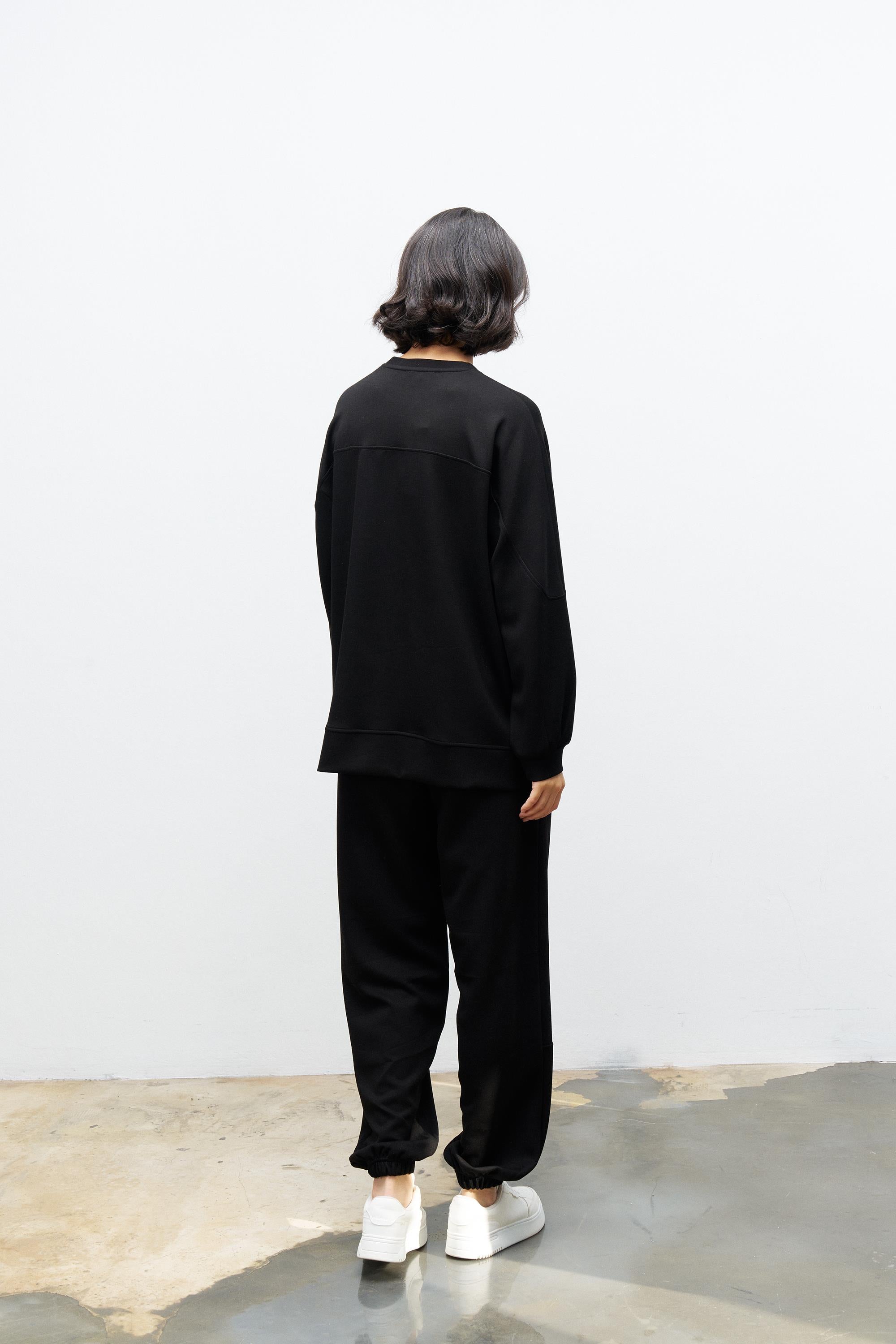 Siyah Kadın Premium Modal Süs Etiket Detaylı Jogger Alt-Üst Takım