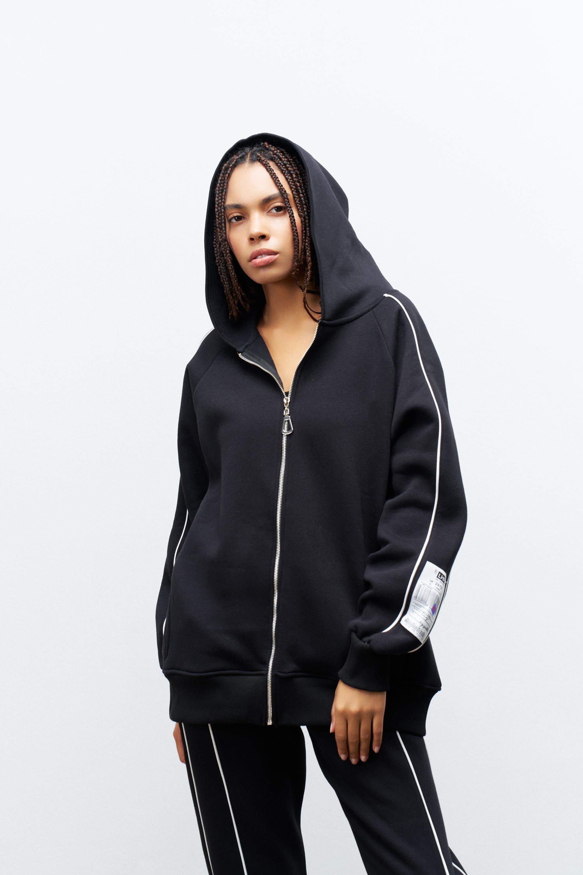 Siyah Kadın Kol Etiket Detaylı Fermuar Kapamalı Kapüşonlu İçi Polarlı Alt Üst Takım