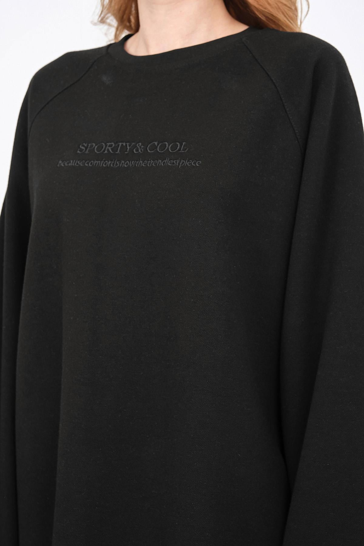 Siyah Kadın Nakış Detaylı Oversize Pike Dokulu Bol Paça Alt-Üst Takım