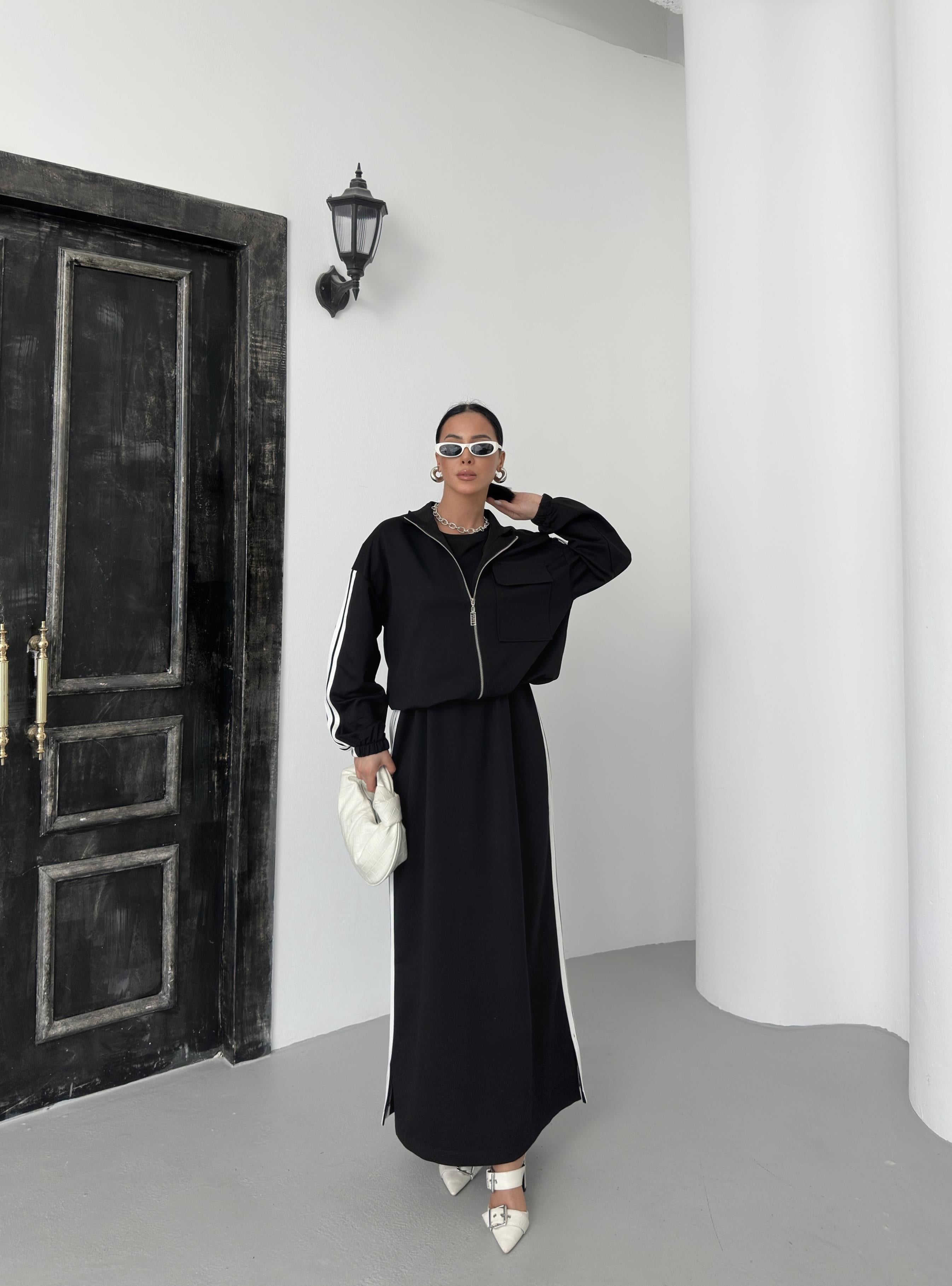 Siyah Kadın Oversize Kalıp Etek Ucu Yırtmaç Detaylı Elbise Ve Fermuar Kapamalı Cepli Lastikli Sweat Pamuklu Örme Takım