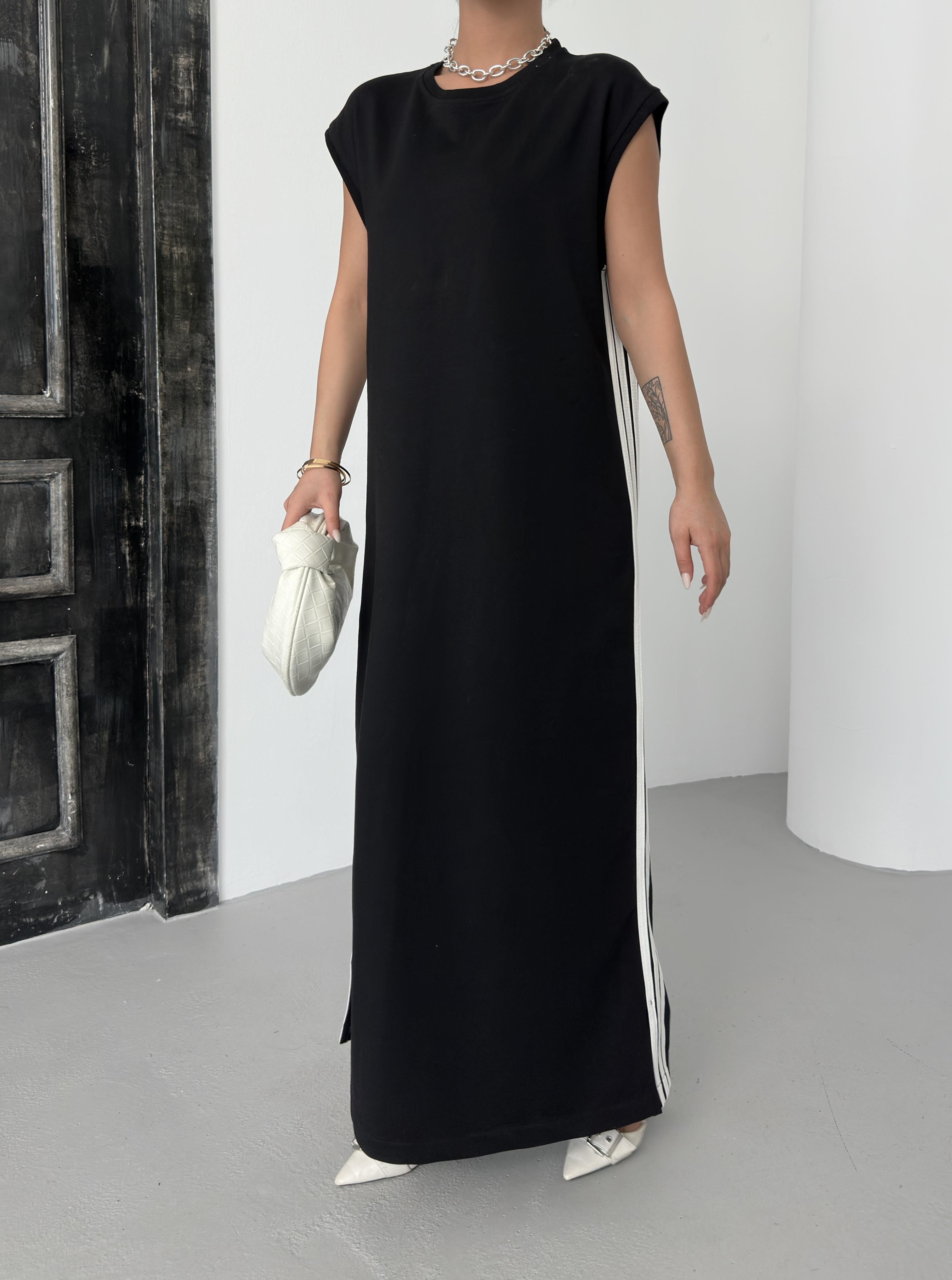 Siyah Kadın Oversize Kalıp Etek Ucu Yırtmaç Detaylı Elbise Ve Fermuar Kapamalı Cepli Lastikli Sweat Pamuklu Örme Takım