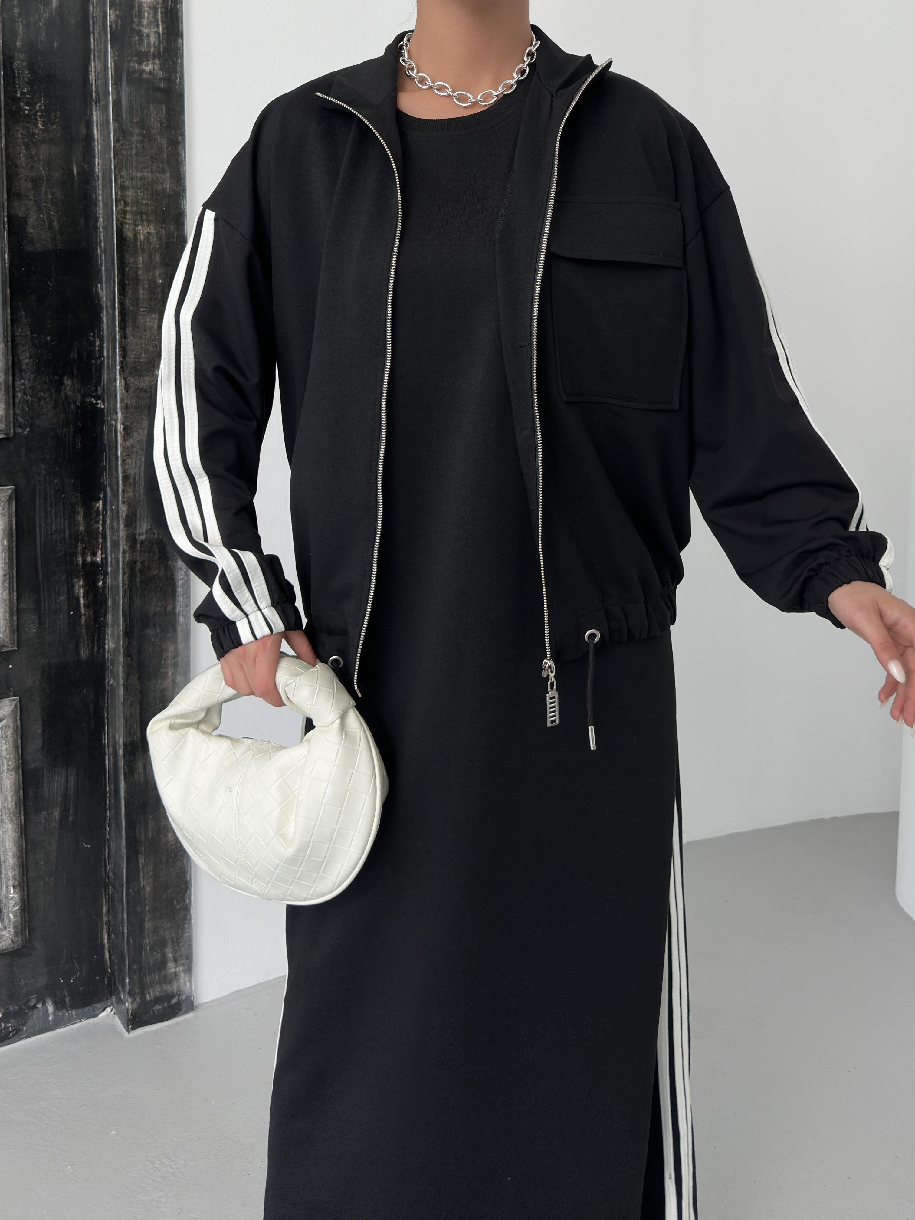 Siyah Kadın Oversize Kalıp Etek Ucu Yırtmaç Detaylı Elbise Ve Fermuar Kapamalı Cepli Lastikli Sweat Pamuklu Örme Takım