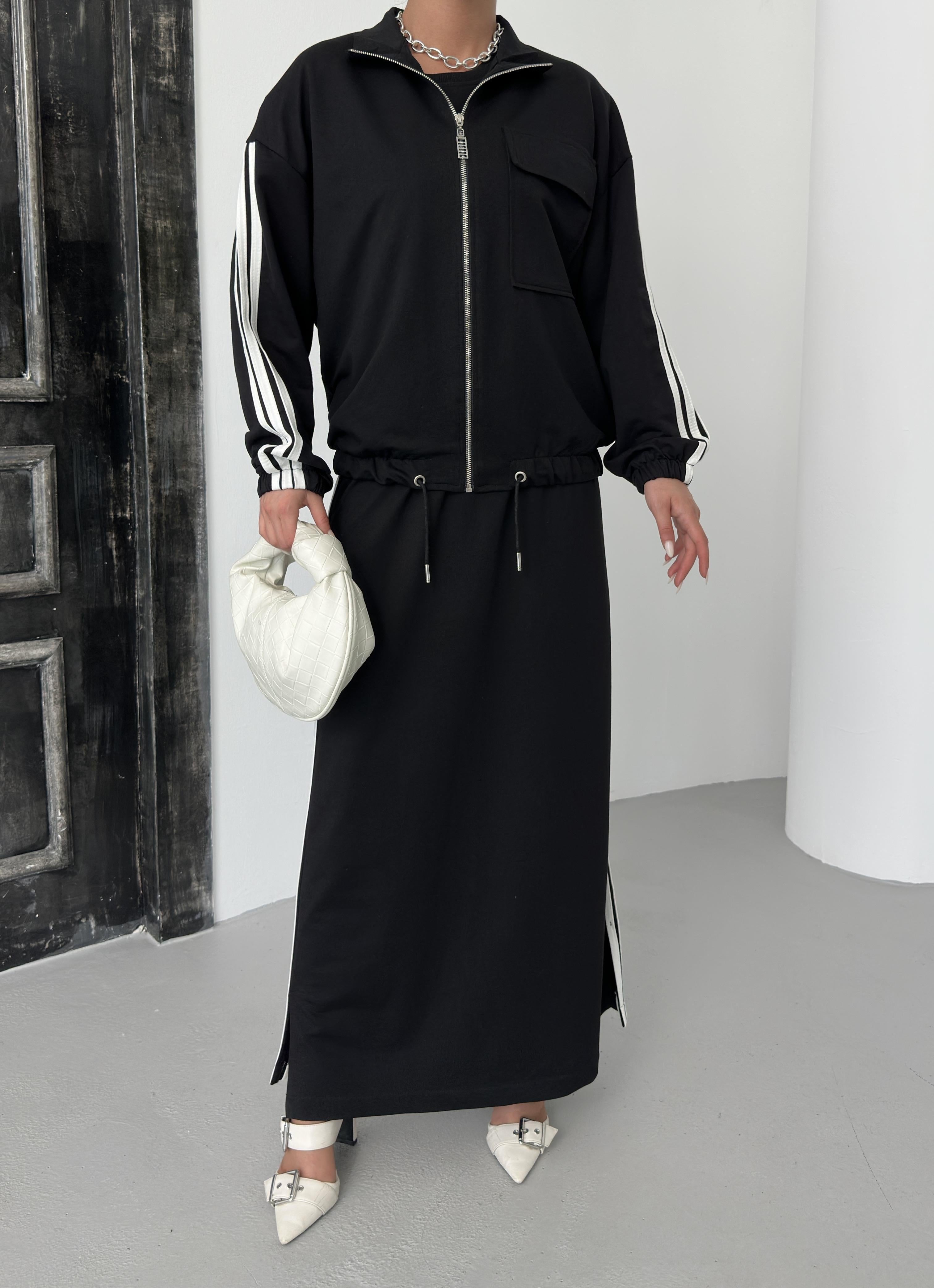 Siyah Kadın Oversize Kalıp Etek Ucu Yırtmaç Detaylı Elbise Ve Fermuar Kapamalı Cepli Lastikli Sweat Pamuklu Örme Takım