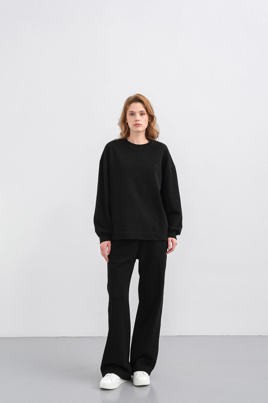 Siyah Kadın Oversize Pike Dokulu Bol Paça Alt-Üst Takım