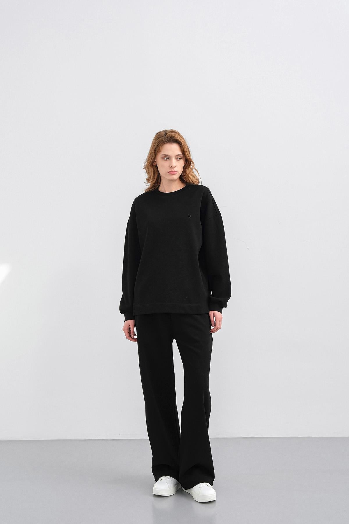 Siyah Kadın Oversize Pike Dokulu Bol Paça Alt-Üst Takım