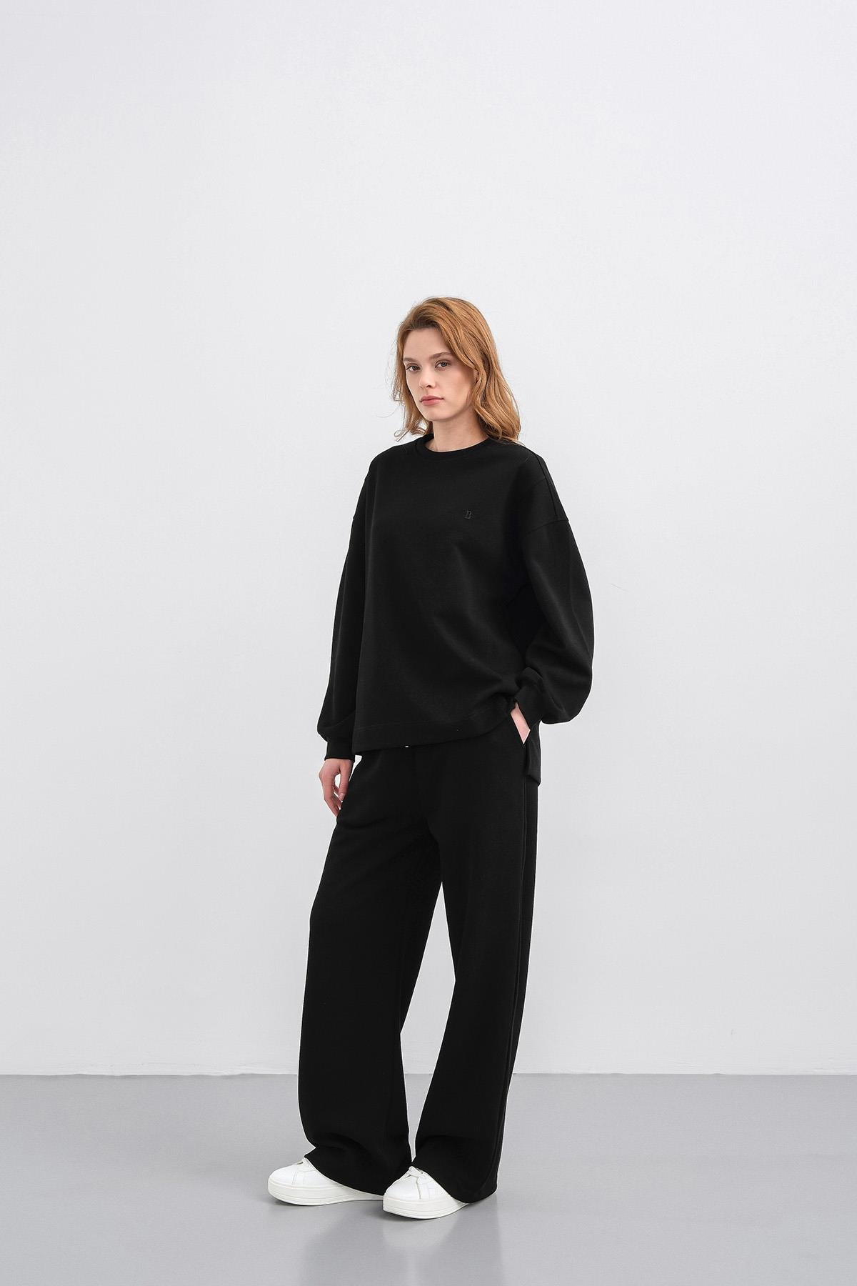 Siyah Kadın Oversize Pike Dokulu Bol Paça Alt-Üst Takım