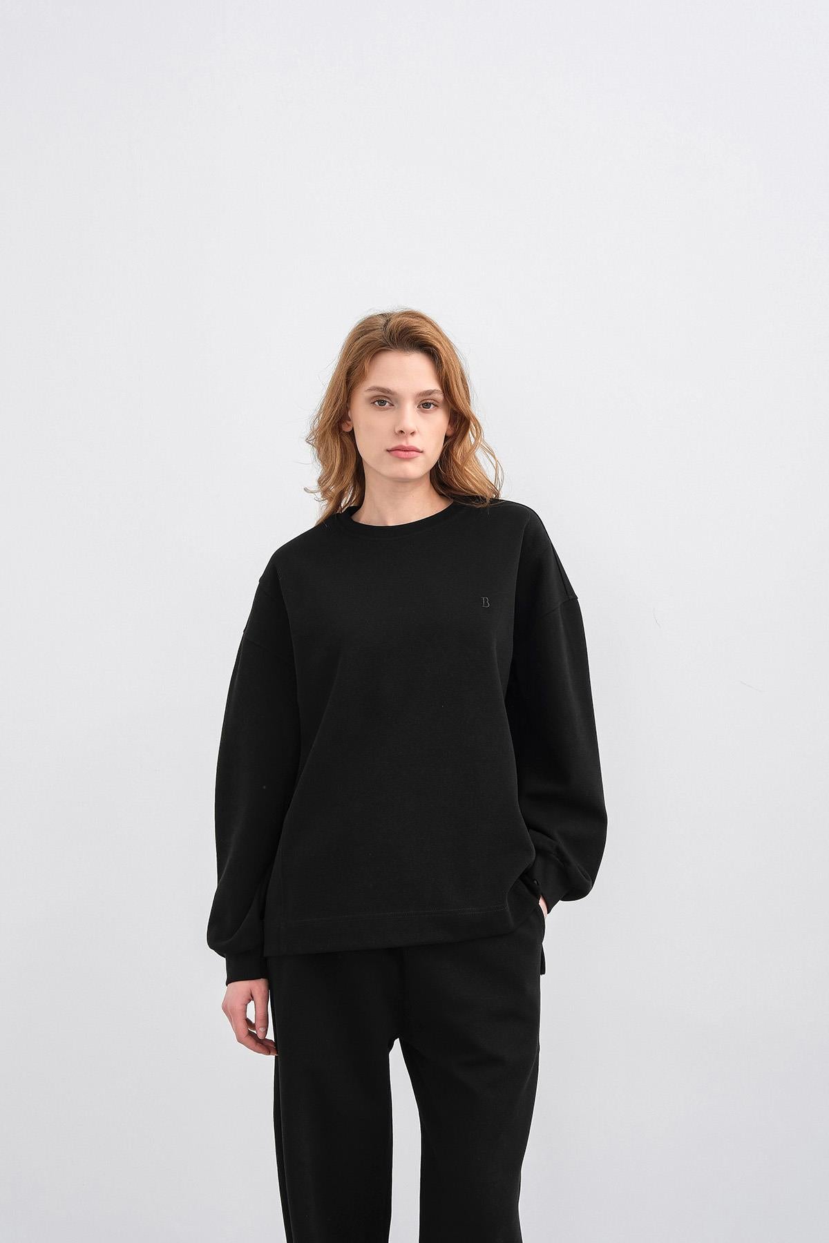 Siyah Kadın Oversize Pike Dokulu Bol Paça Alt-Üst Takım