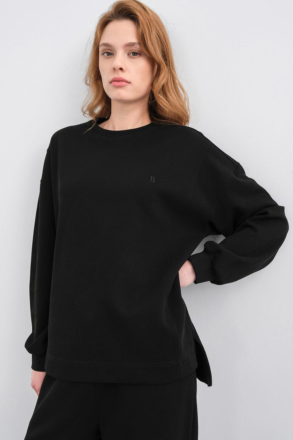 Siyah Kadın Oversize Pike Dokulu Bol Paça Alt-Üst Takım