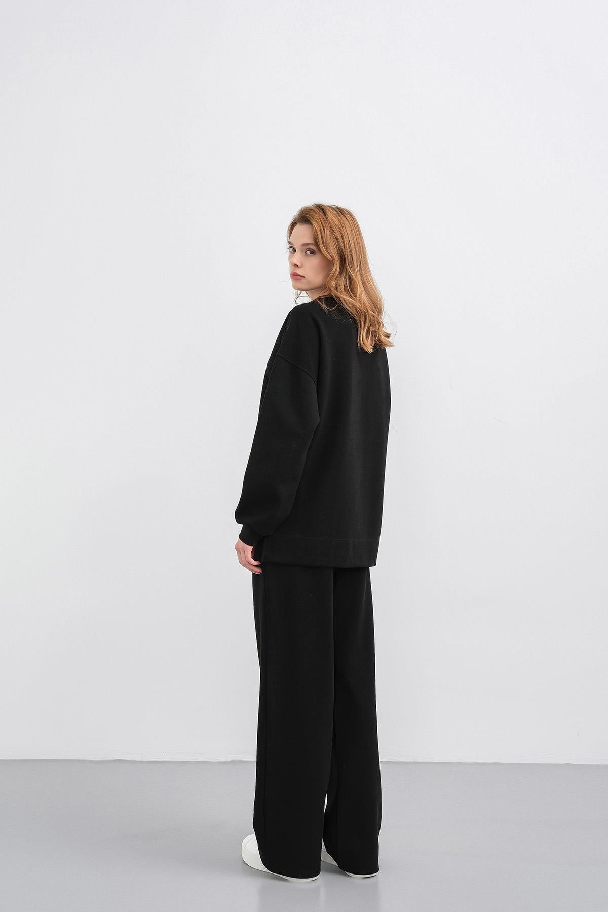 Siyah Kadın Oversize Pike Dokulu Bol Paça Alt-Üst Takım